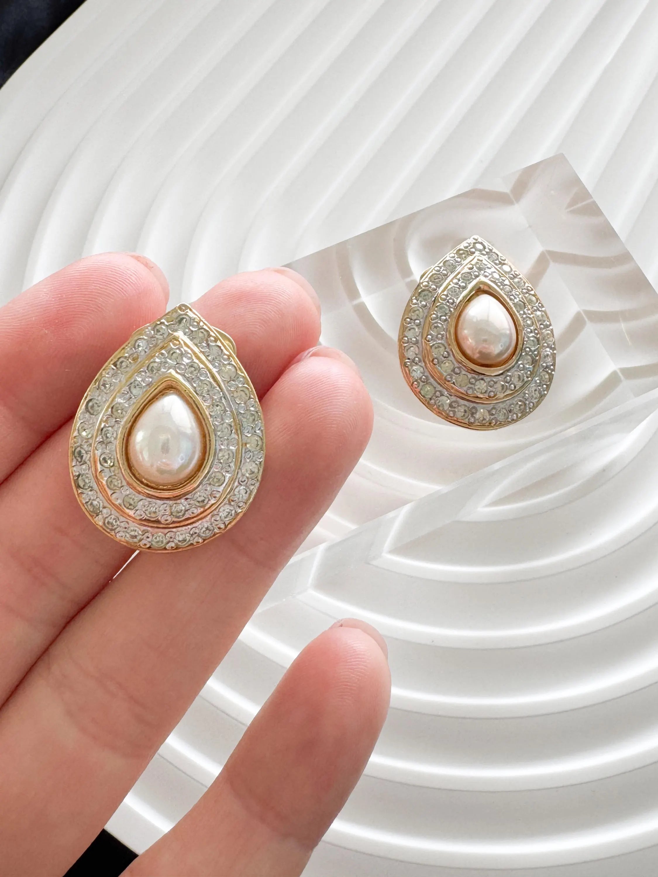 Vintage Vogue Bijoux Teardrop Clip-On Earrings Faux Pearl & Crystal, 1980s, Bridal Jewelry, Jewelry for Women, Statement Earrings