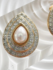 Vintage Vogue Bijoux Teardrop Clip-On Earrings Faux Pearl & Crystal, 1980s, Bridal Jewelry, Jewelry for Women, Statement Earrings