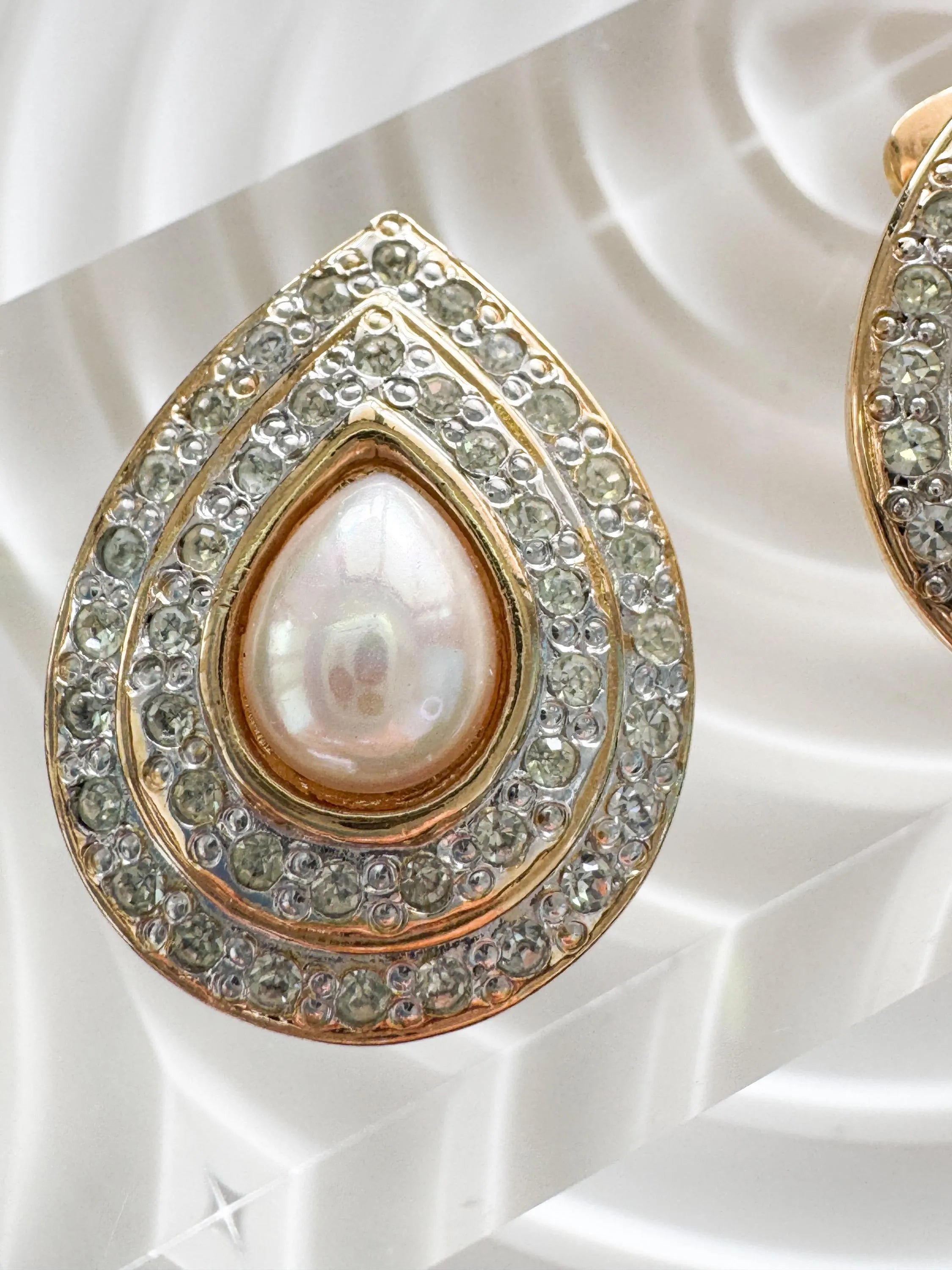 Vintage Vogue Bijoux Teardrop Clip-On Earrings Faux Pearl & Crystal, 1980s, Bridal Jewelry, Jewelry for Women, Statement Earrings