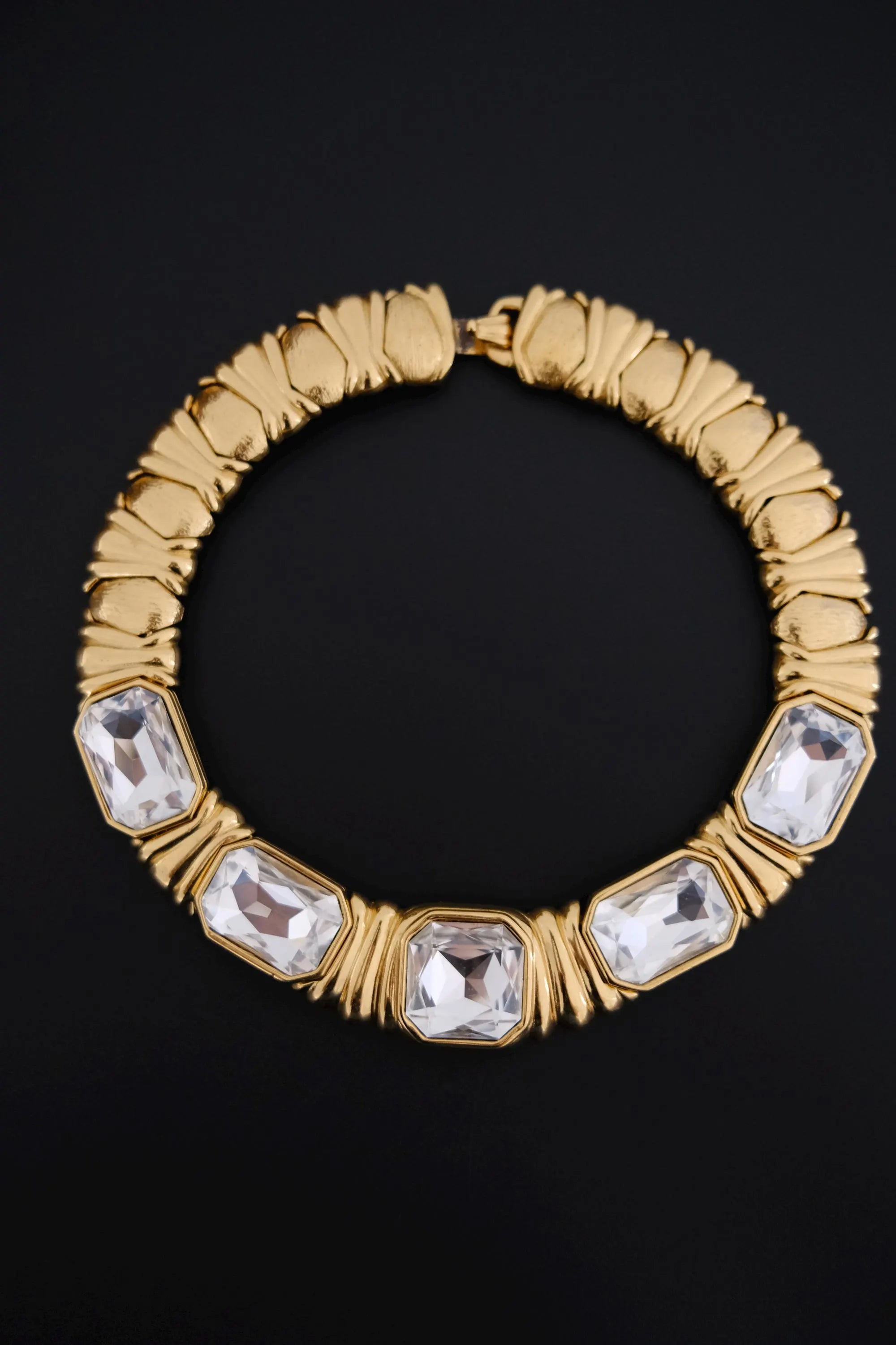 Vintage Yves Saint Laurent gold-tone crystal choker necklace with five oversized clear faceted geometric crystals, made in France