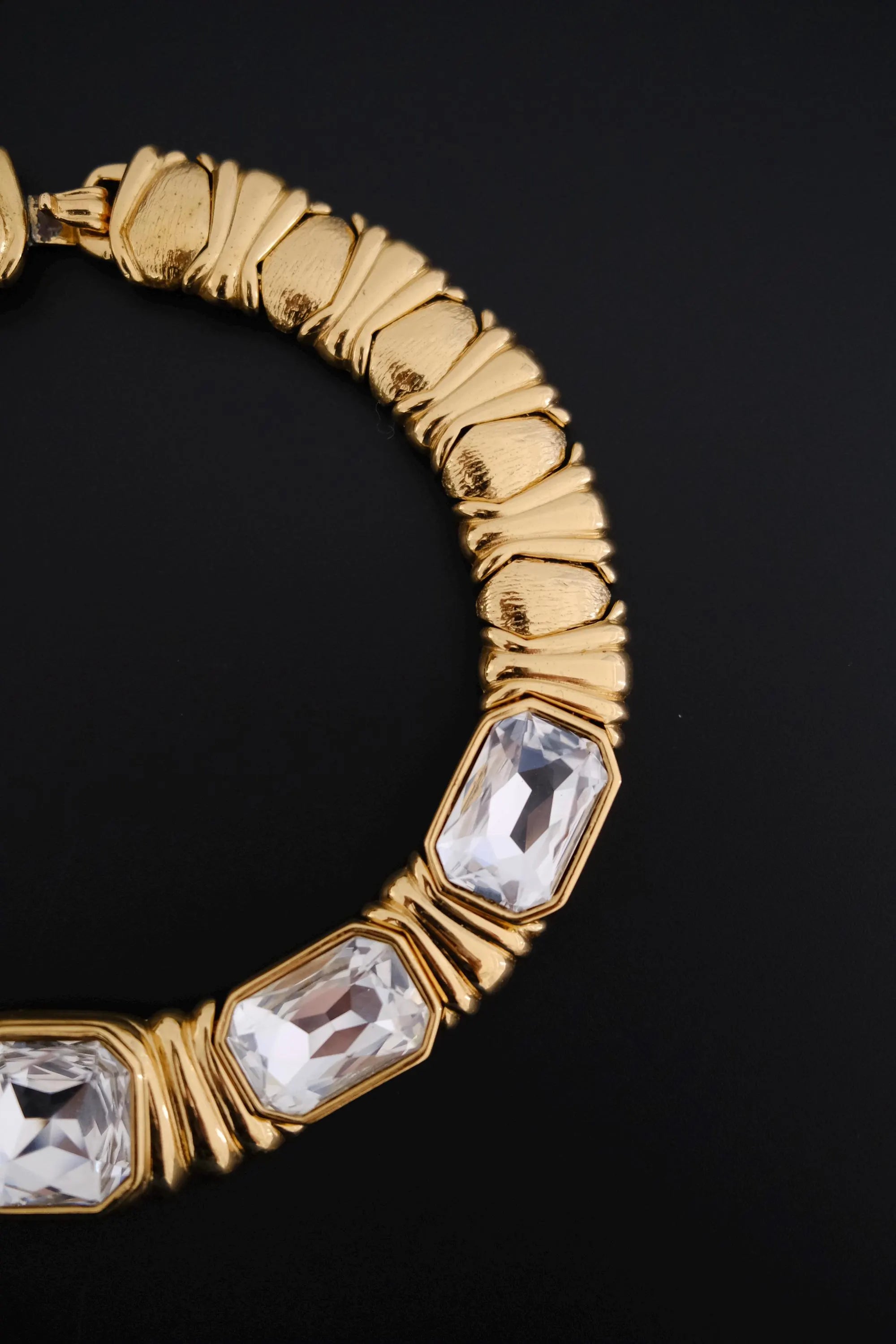 Vintage Yves Saint Laurent gold-tone crystal choker necklace with five oversized clear faceted geometric crystals, made in France