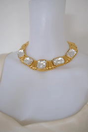 Vintage Yves Saint Laurent gold-tone crystal choker necklace with five oversized clear faceted geometric crystals, made in France