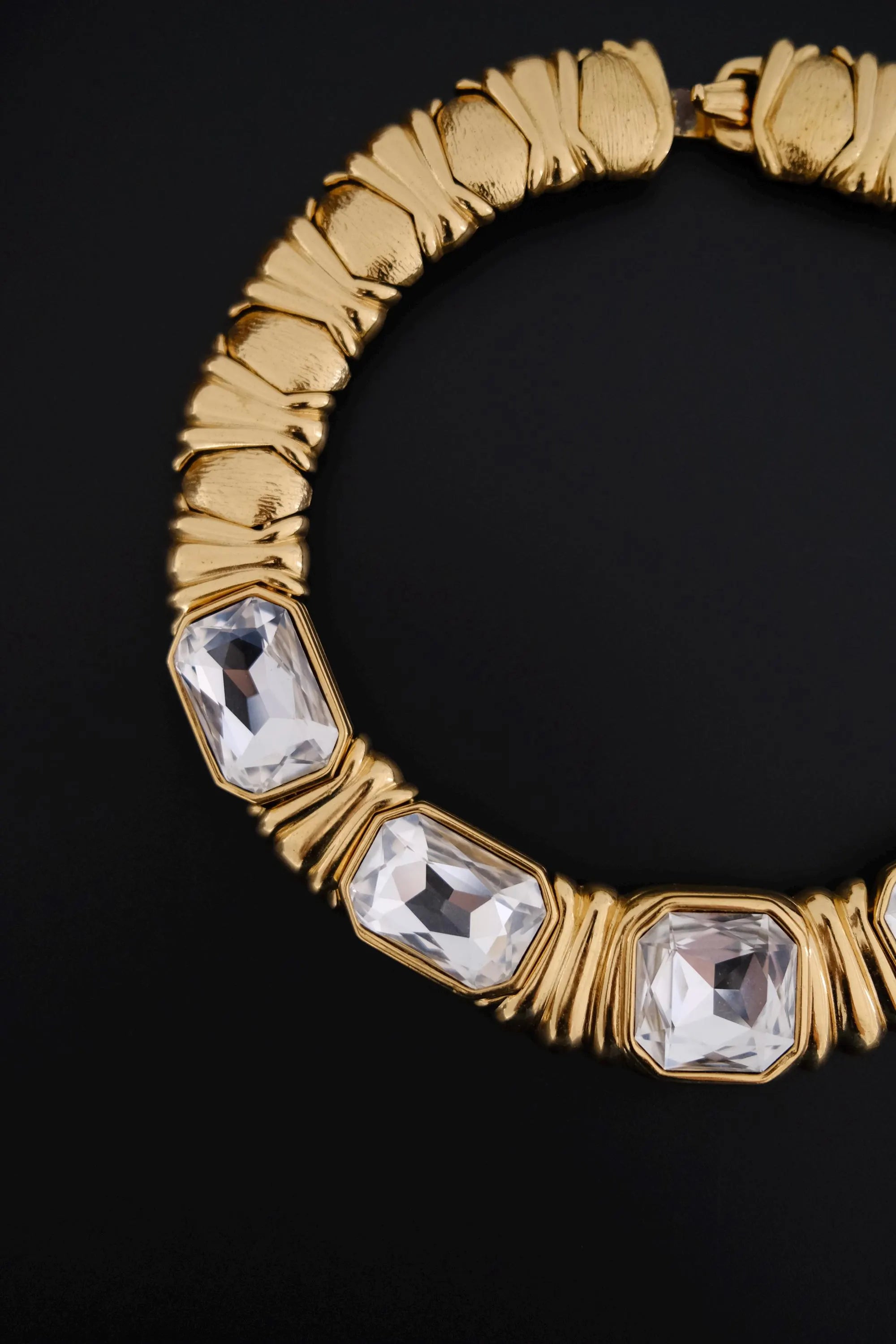 Vintage Yves Saint Laurent gold-tone crystal choker necklace with five oversized clear faceted geometric crystals, made in France