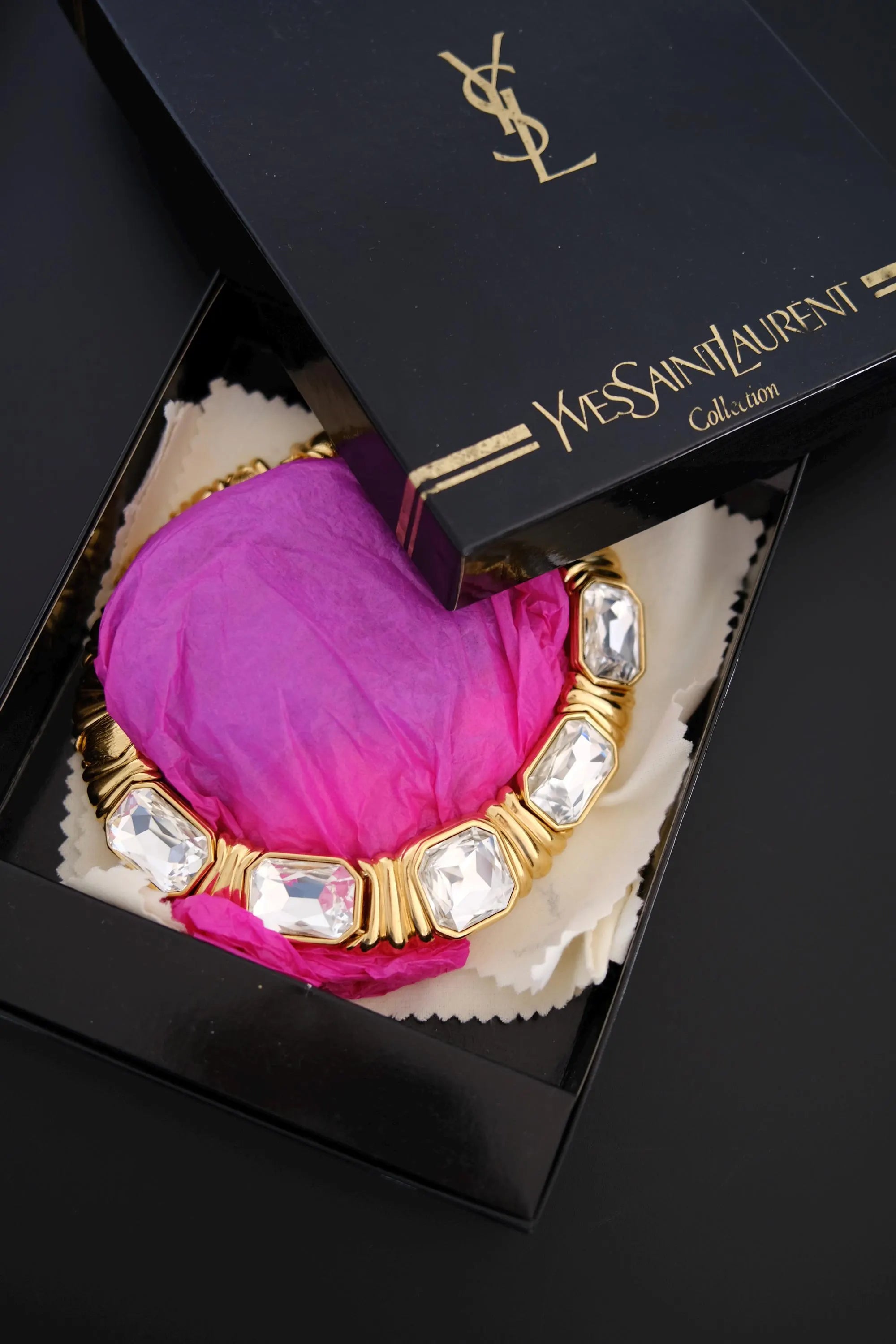 Vintage Yves Saint Laurent gold-tone crystal choker necklace with five oversized clear faceted geometric crystals, made in France