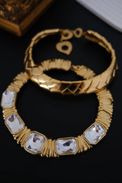 Vintage Yves Saint Laurent gold-tone crystal choker necklace with five oversized clear faceted geometric crystals, made in France