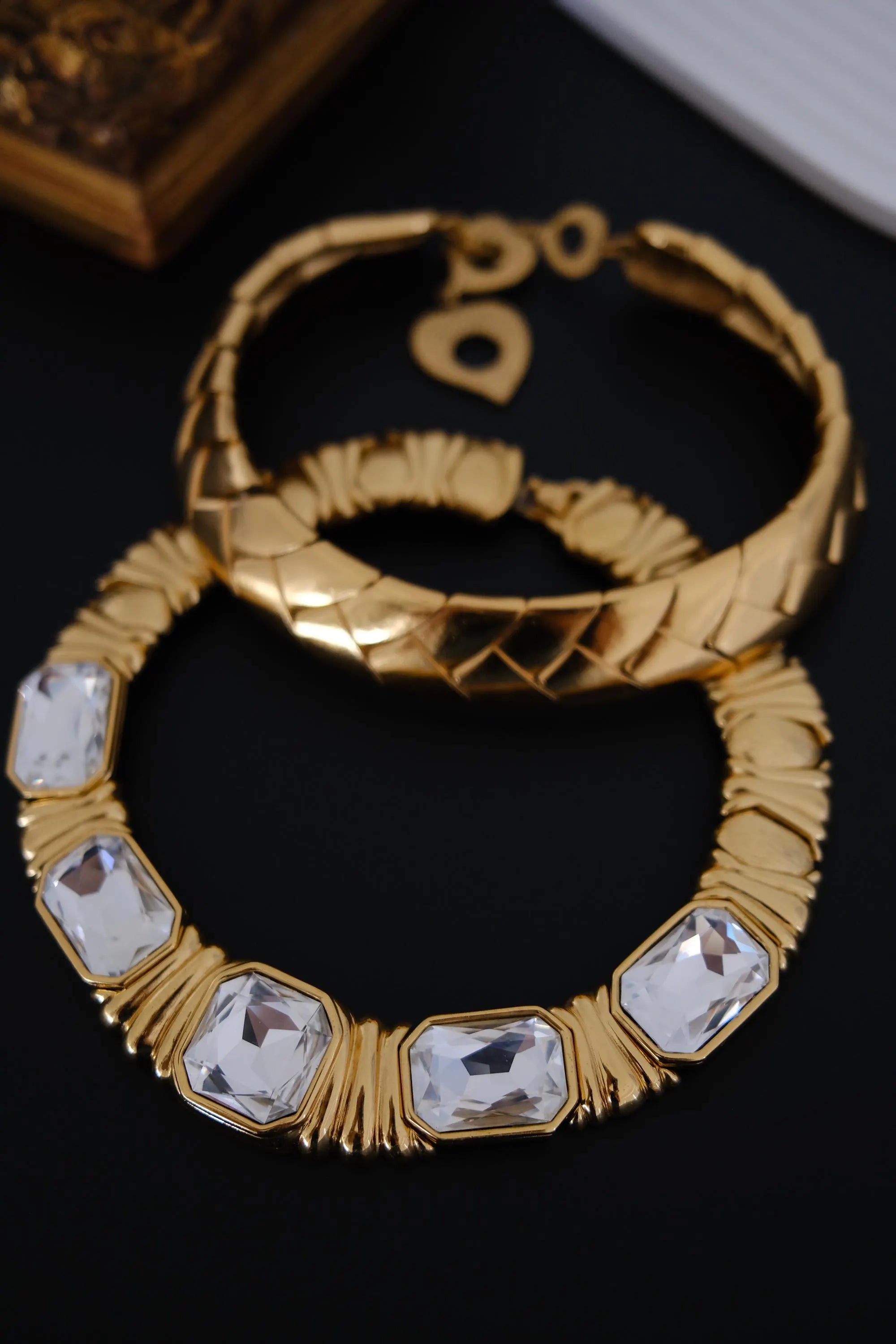 Vintage Yves Saint Laurent gold-tone crystal choker necklace with five oversized clear faceted geometric crystals, made in France