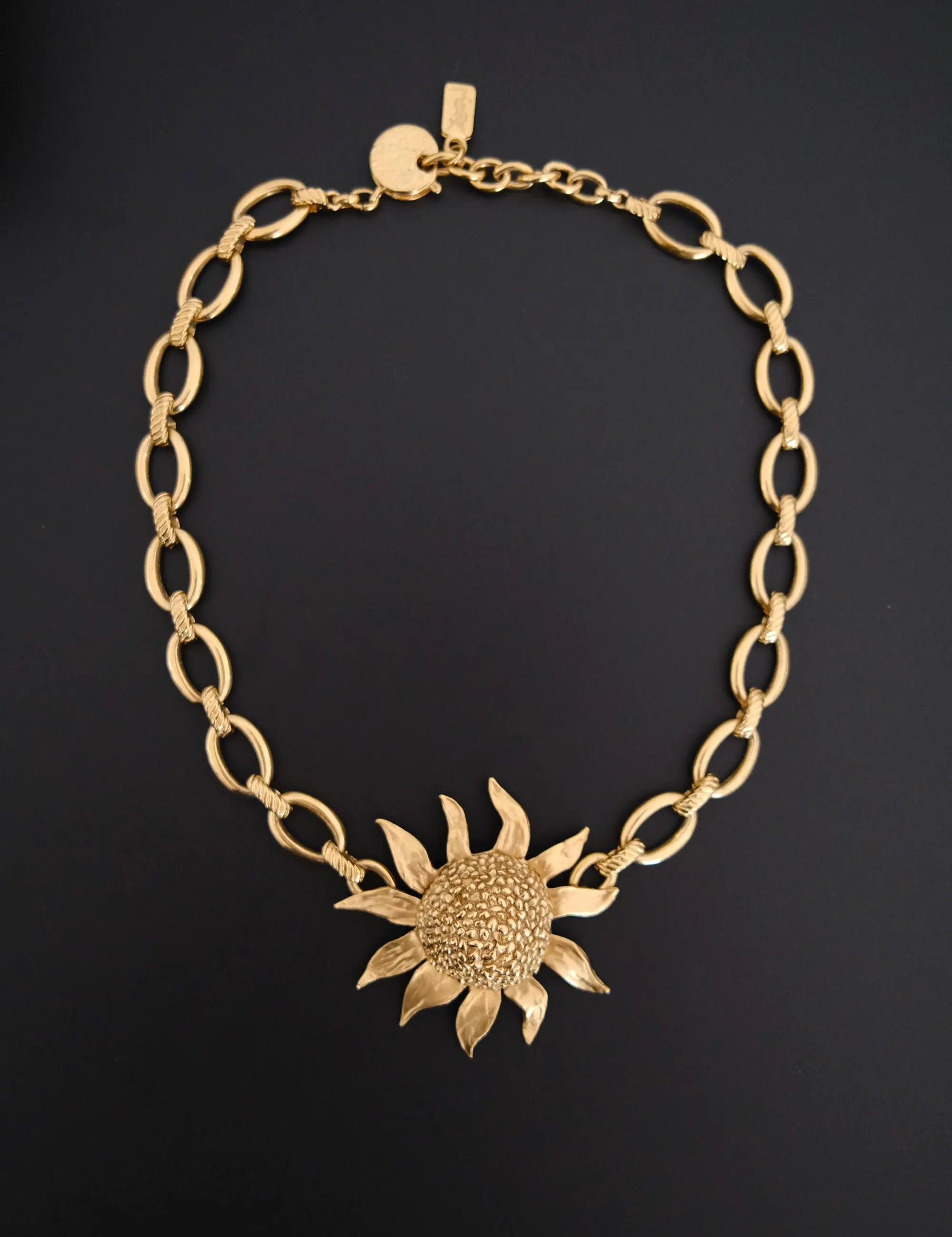Vintage Yves Saint Laurent YSL gold-tone statement necklace with oversized sculptural sunflower pendant