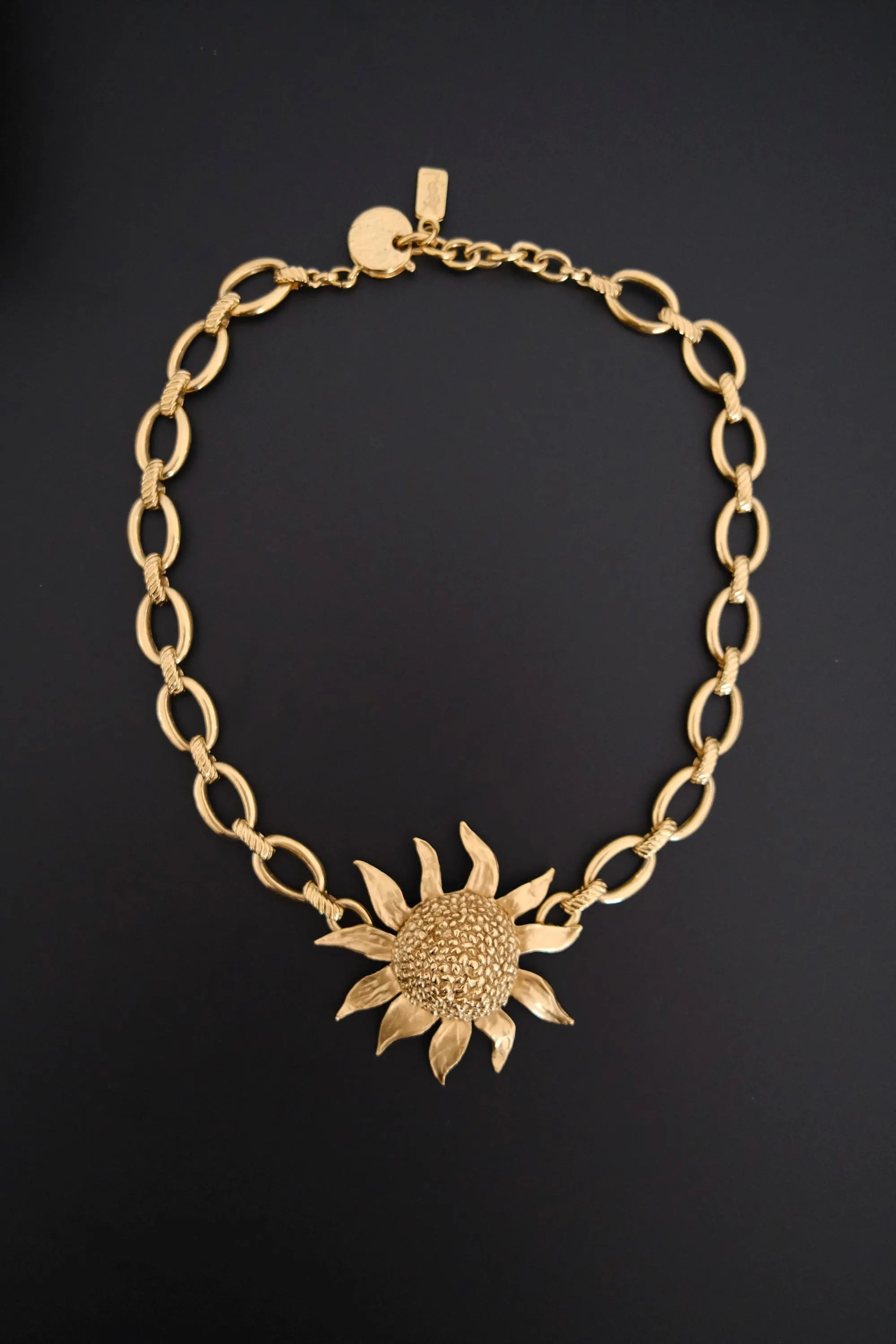 Vintage Yves Saint Laurent YSL gold-tone statement necklace with oversized sculptural sunflower pendant
