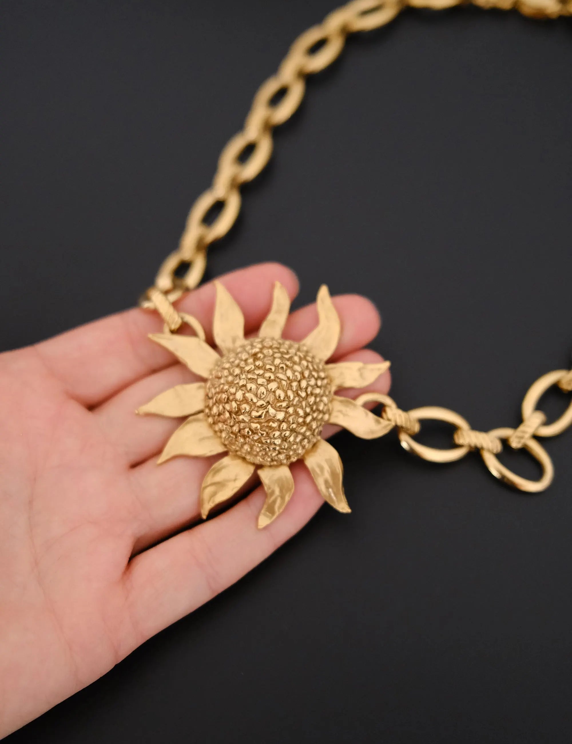 Vintage Yves Saint Laurent YSL gold-tone statement necklace with oversized sculptural sunflower pendant