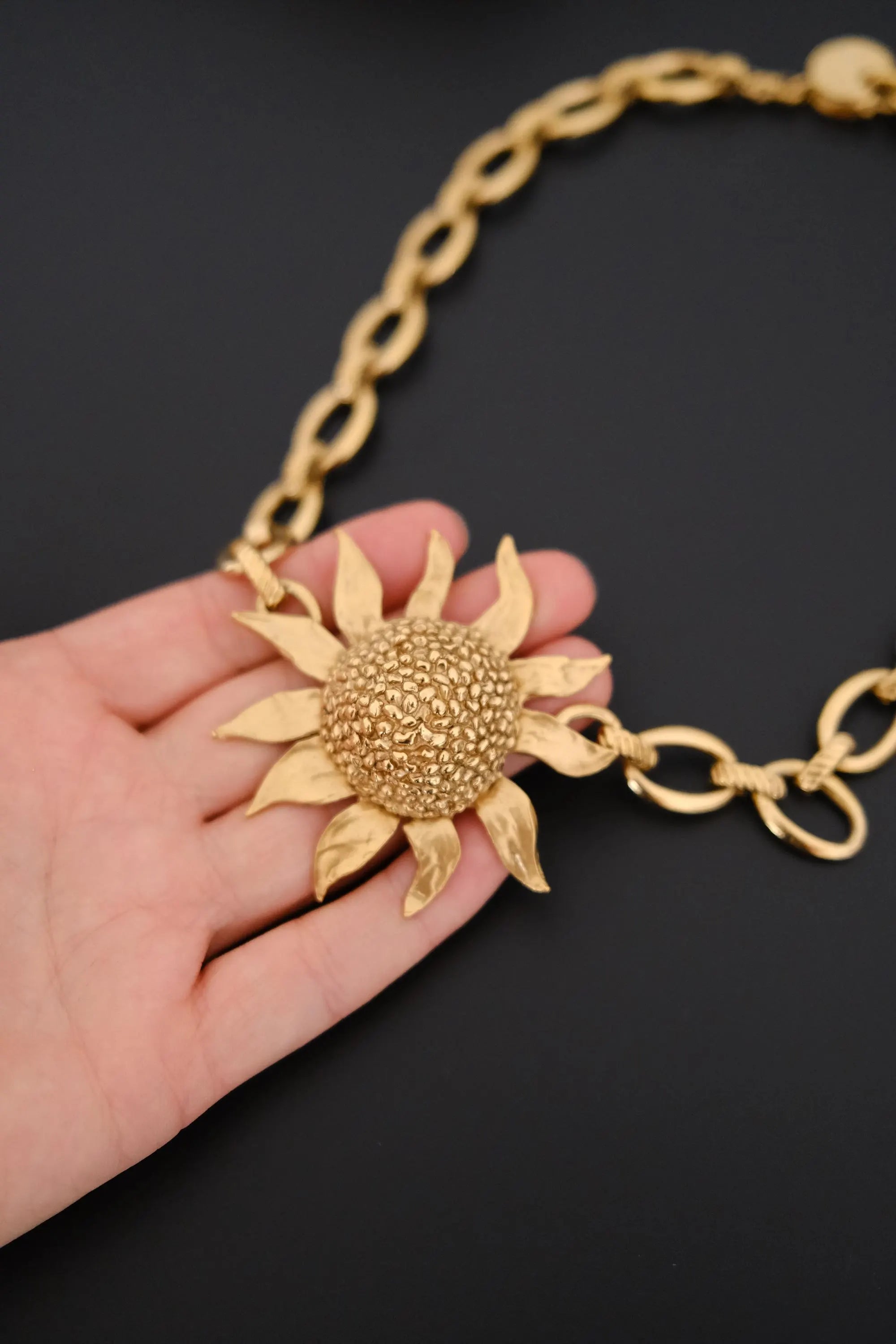 Vintage Yves Saint Laurent YSL gold-tone statement necklace with oversized sculptural sunflower pendant
