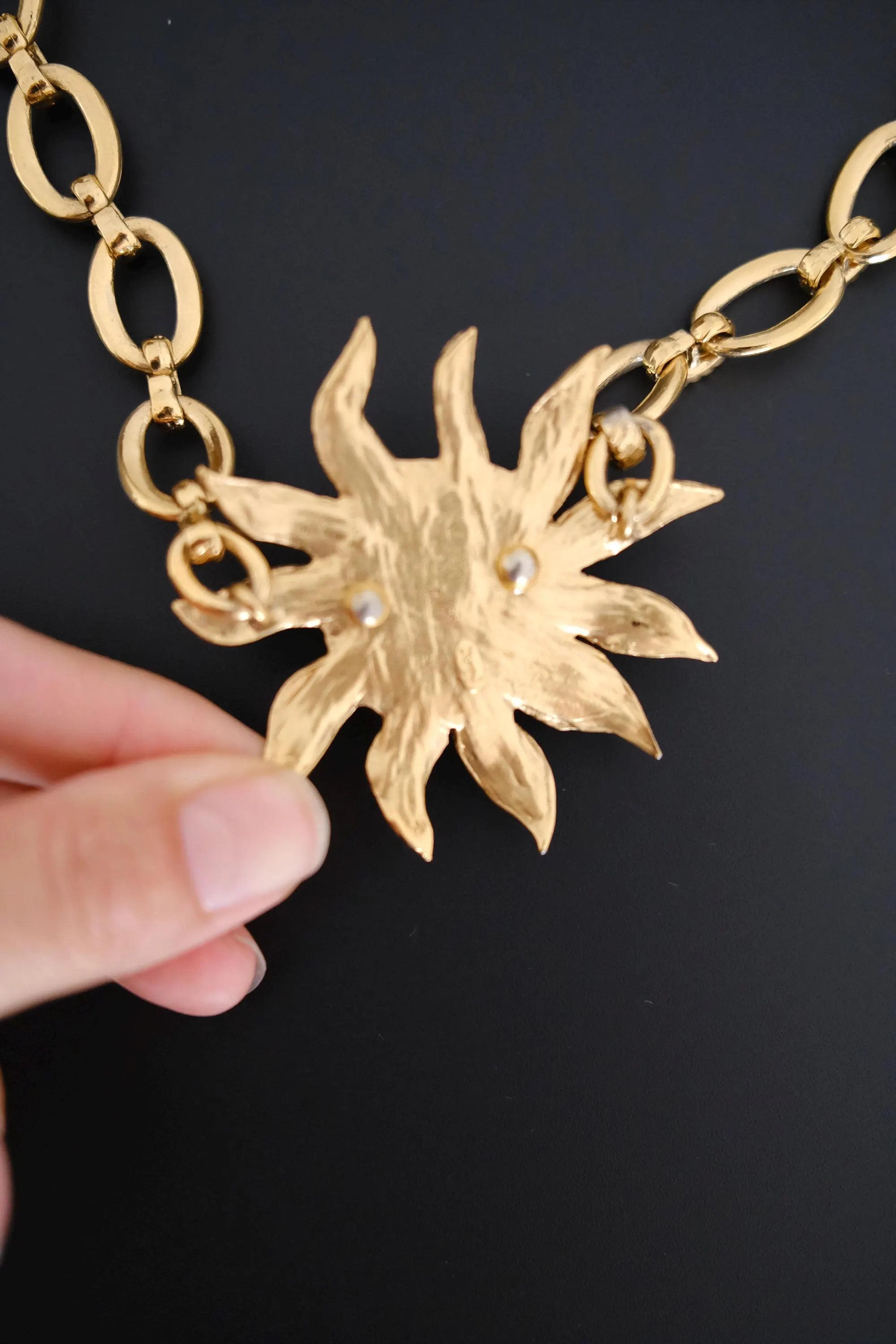 Vintage Yves Saint Laurent YSL gold-tone statement necklace with oversized sculptural sunflower pendant