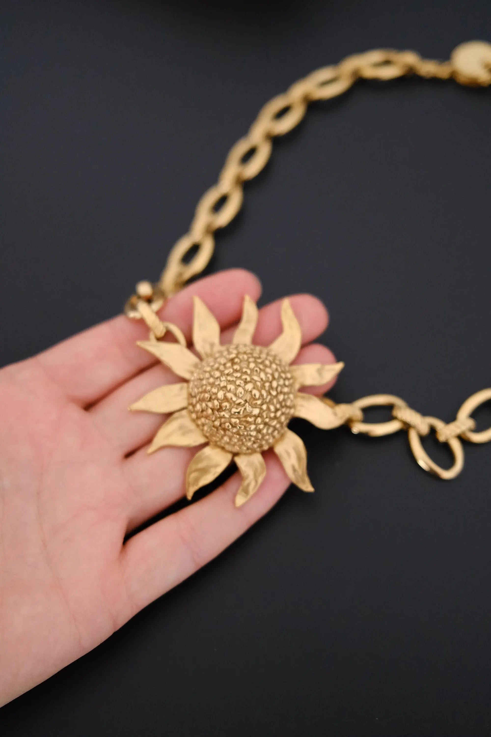 Vintage Yves Saint Laurent YSL gold-tone statement necklace with oversized sculptural sunflower pendant