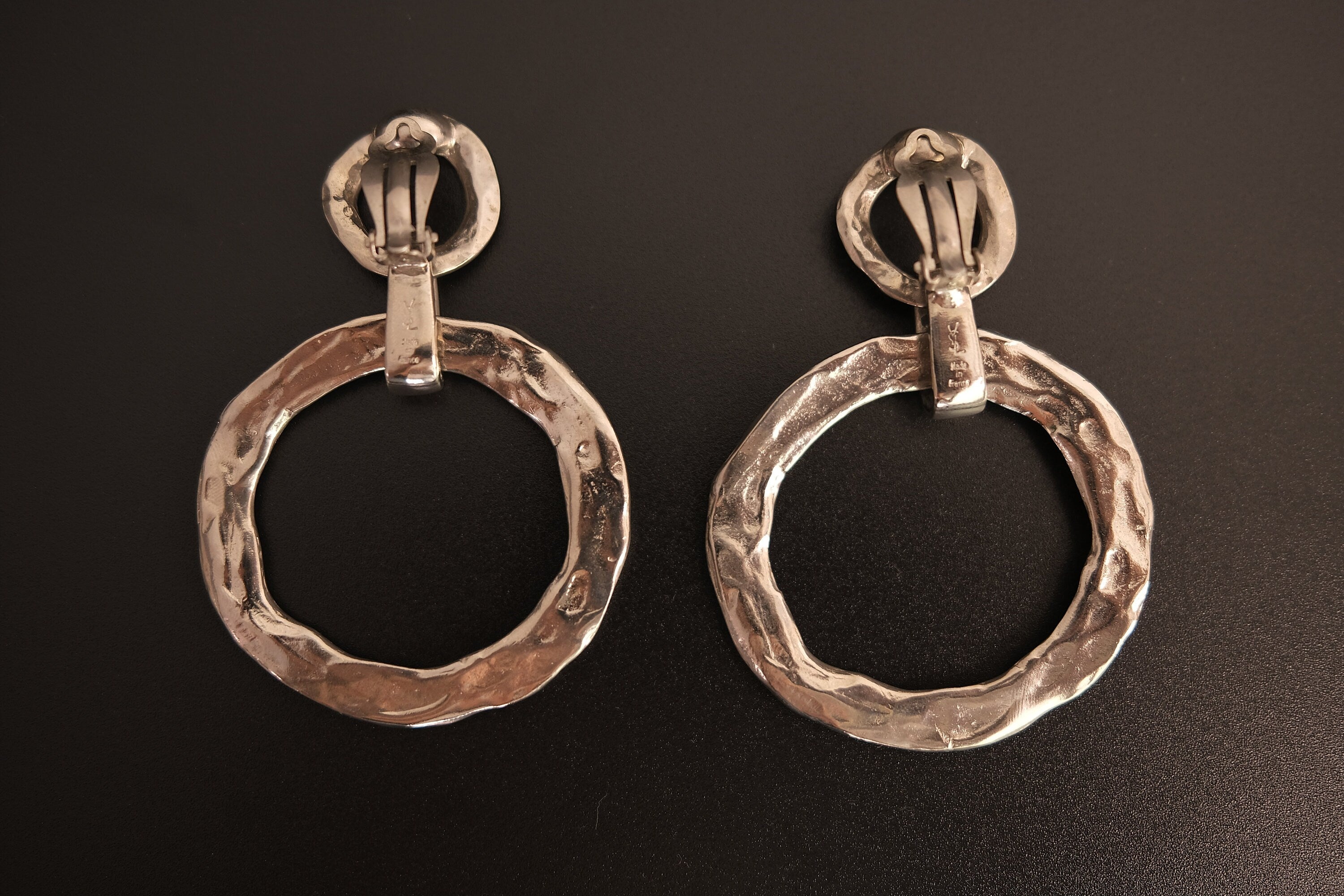 Vintage YSL Silver Tone Clip On Hoop Earrings Back View