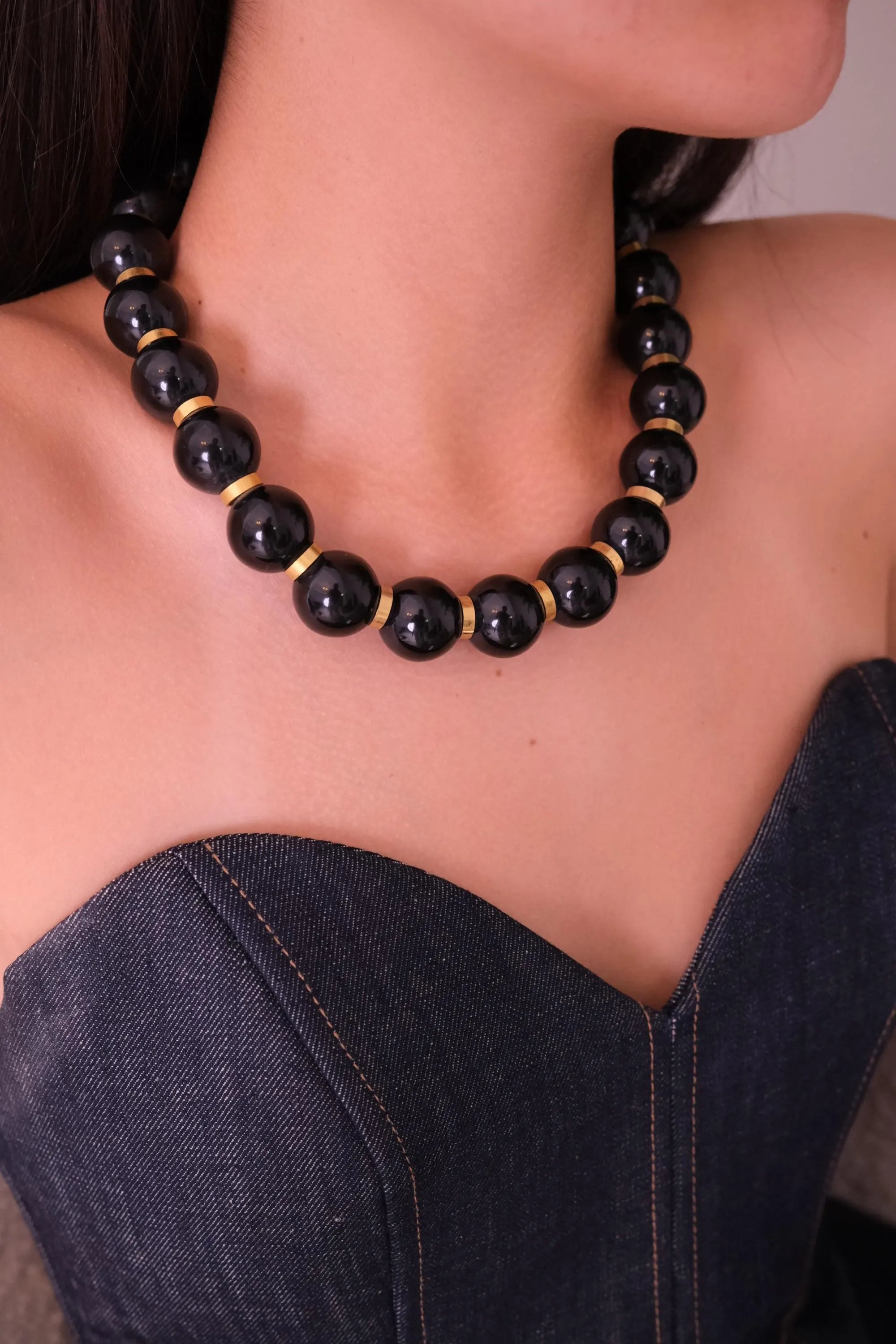 Vintage YSL Yves Saint Laurent Large Black Pearls Beads Choker Necklace, designer statement jewelry, elegant black beaded choker