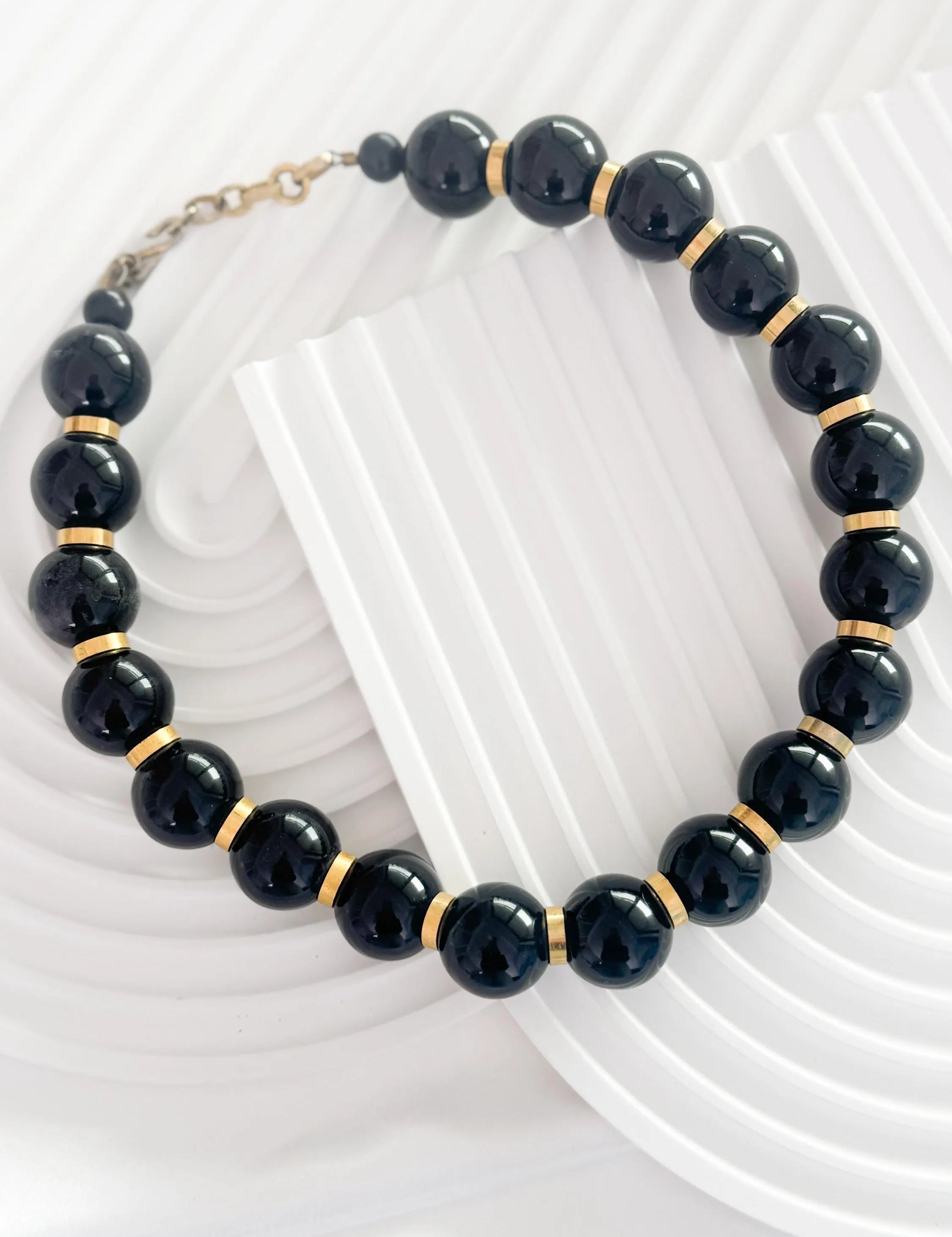 Vintage YSL Yves Saint Laurent Large Black Pearls Beads Choker Necklace, designer statement jewelry, elegant black beaded choker