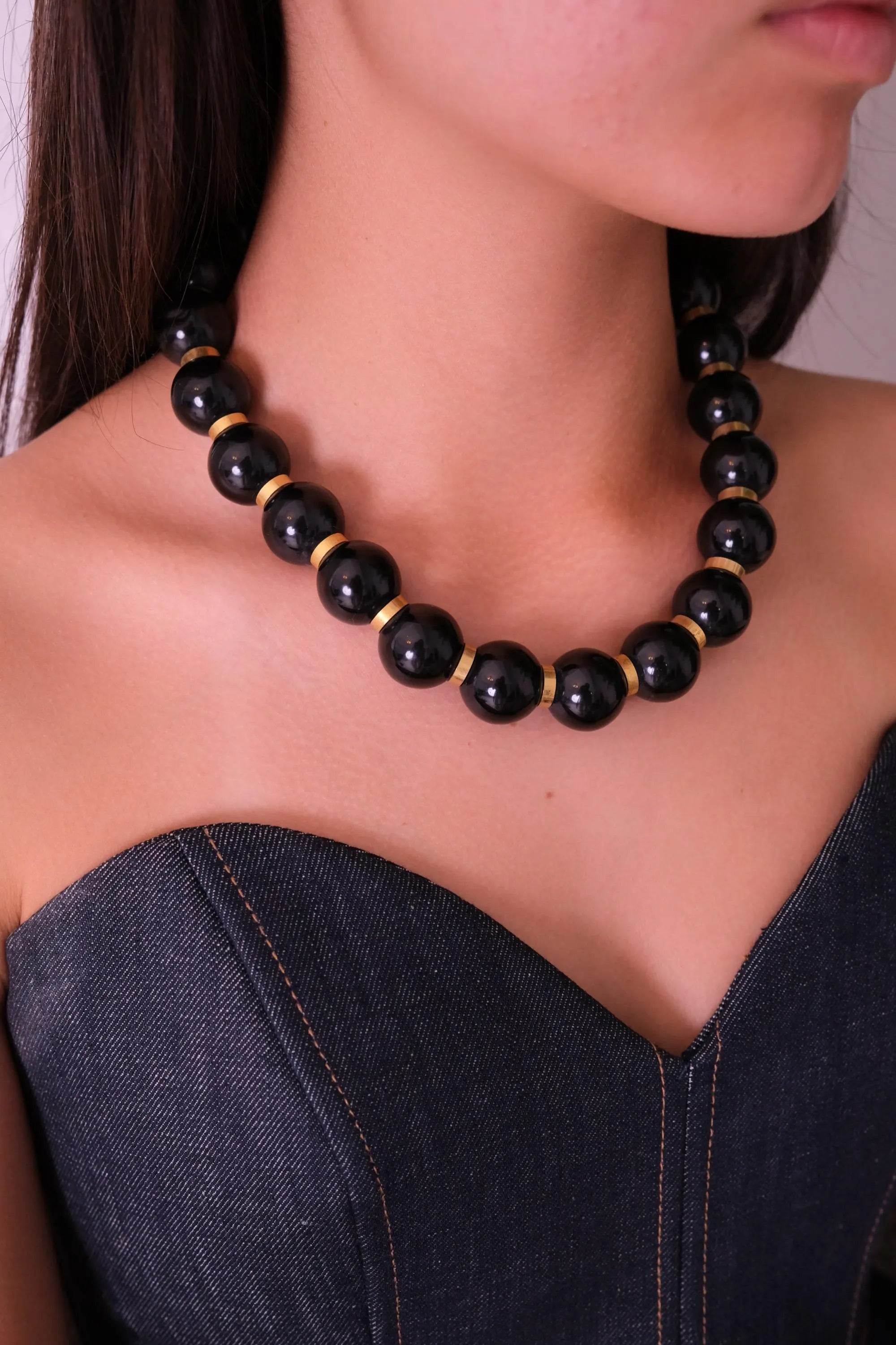 Vintage YSL Yves Saint Laurent Large Black Pearls Beads Choker Necklace, designer statement jewelry, elegant black beaded choker