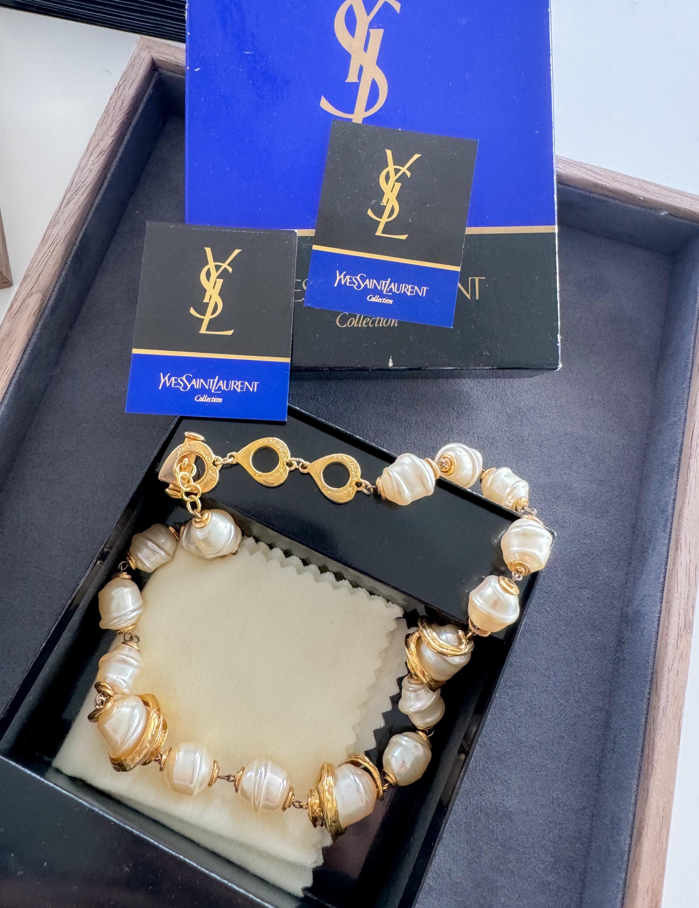 Vintage YSL necklace, Yves Saint Laurent faux pearl, 1980s statement jewelry, gold baroque necklace, YSL luxury jewelry, vintage jewelry