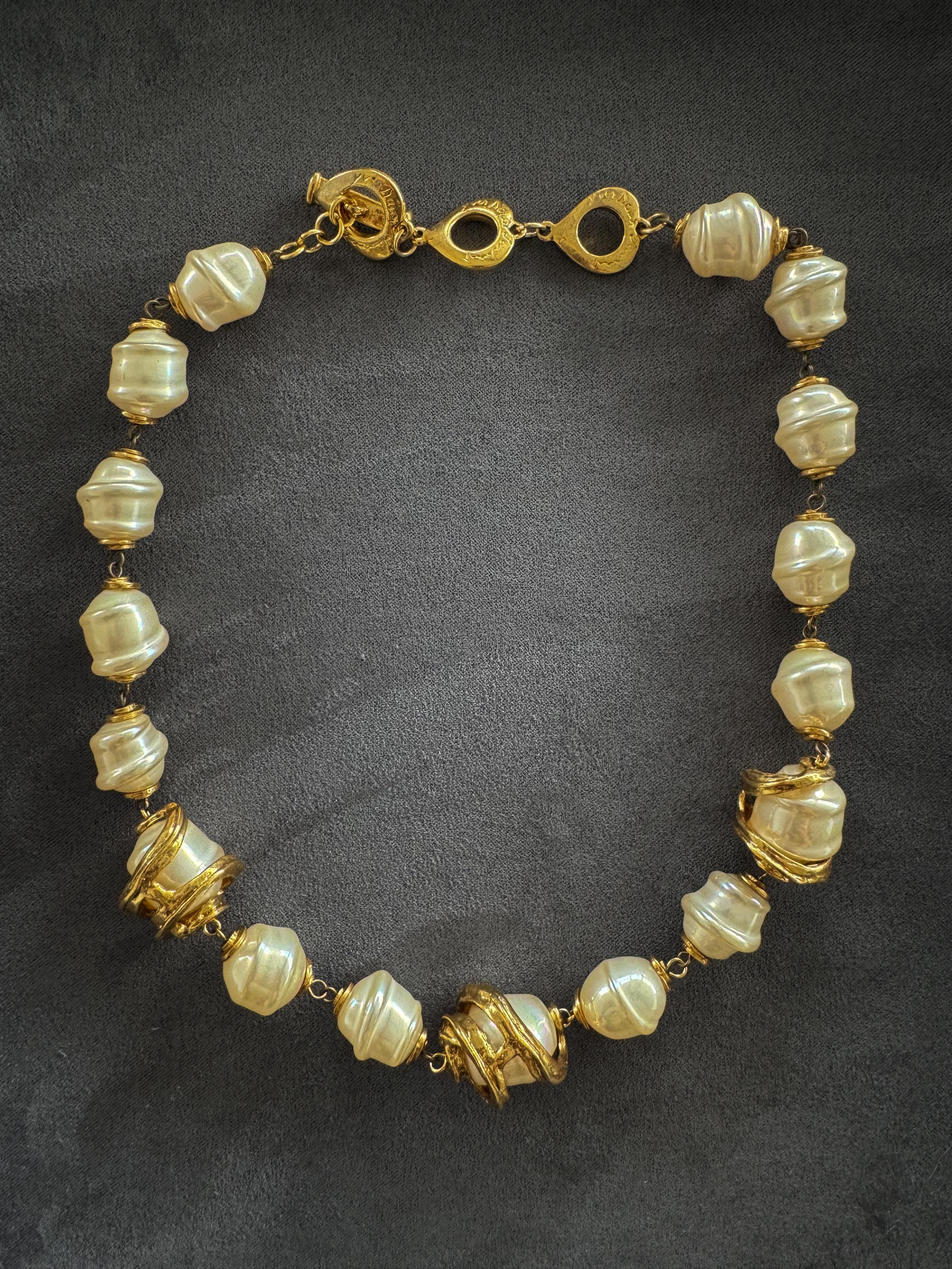 Vintage YSL necklace, Yves Saint Laurent faux pearl, 1980s statement jewelry, gold baroque necklace, YSL luxury jewelry, vintage jewelry