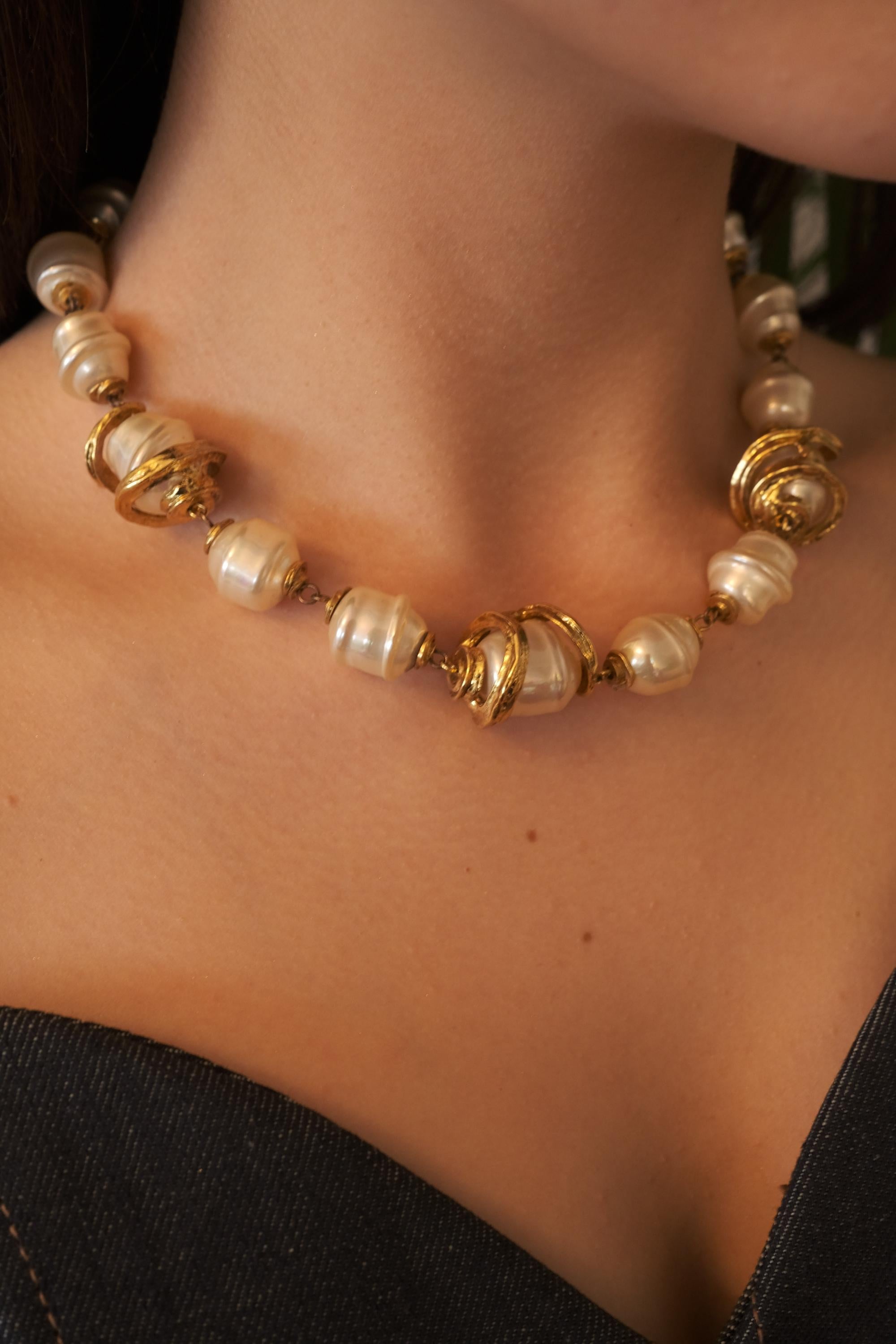 Vintage YSL necklace, Yves Saint Laurent faux pearl, 1980s statement jewelry, gold baroque necklace, YSL luxury jewelry, vintage jewelry