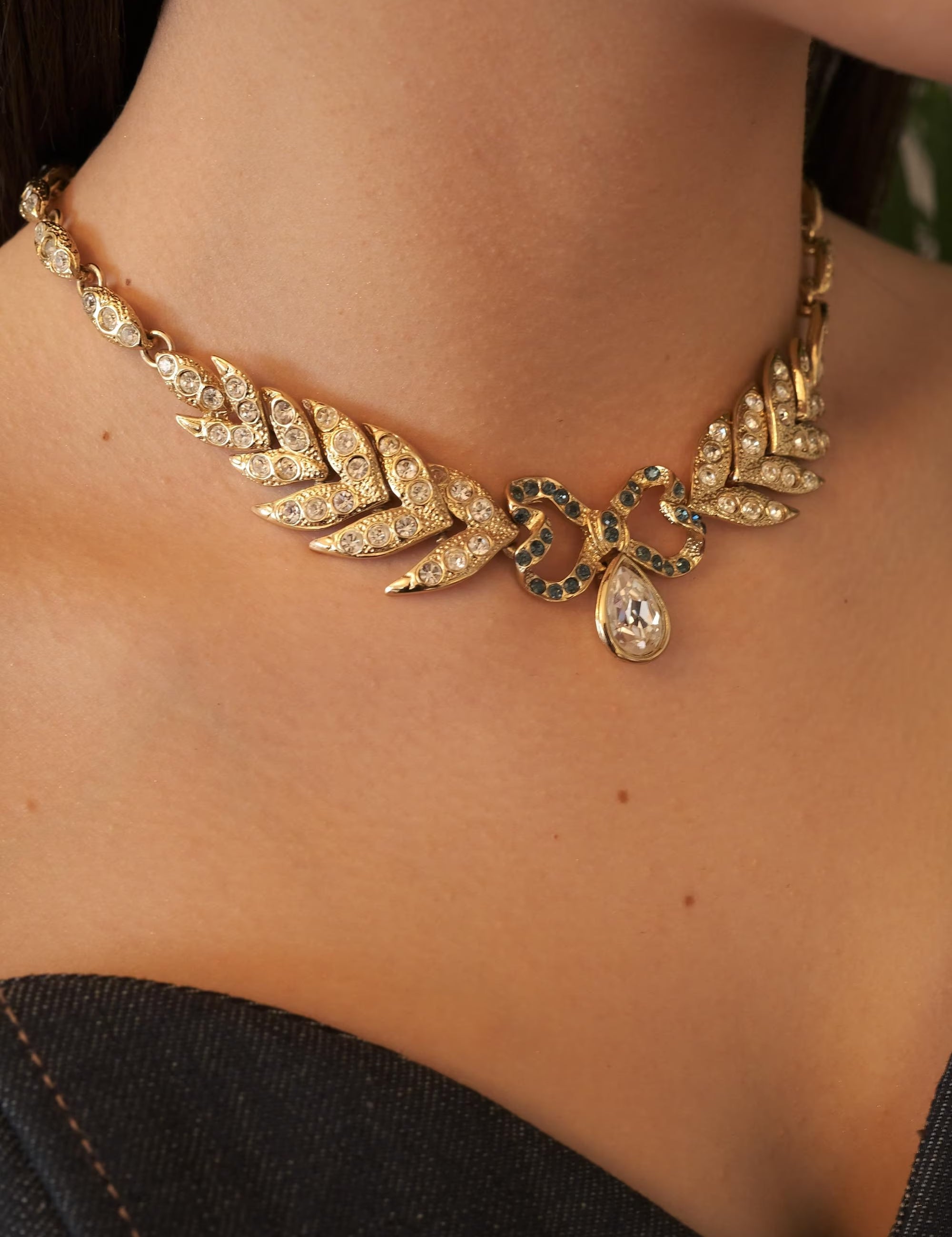 Vintage YSL Yves Saint Laurent Necklace, Bow Ribbon Leaf Charm Necklace, Vintage Rhinestone, Choker Necklace, Jewelry necklace, Gift for her