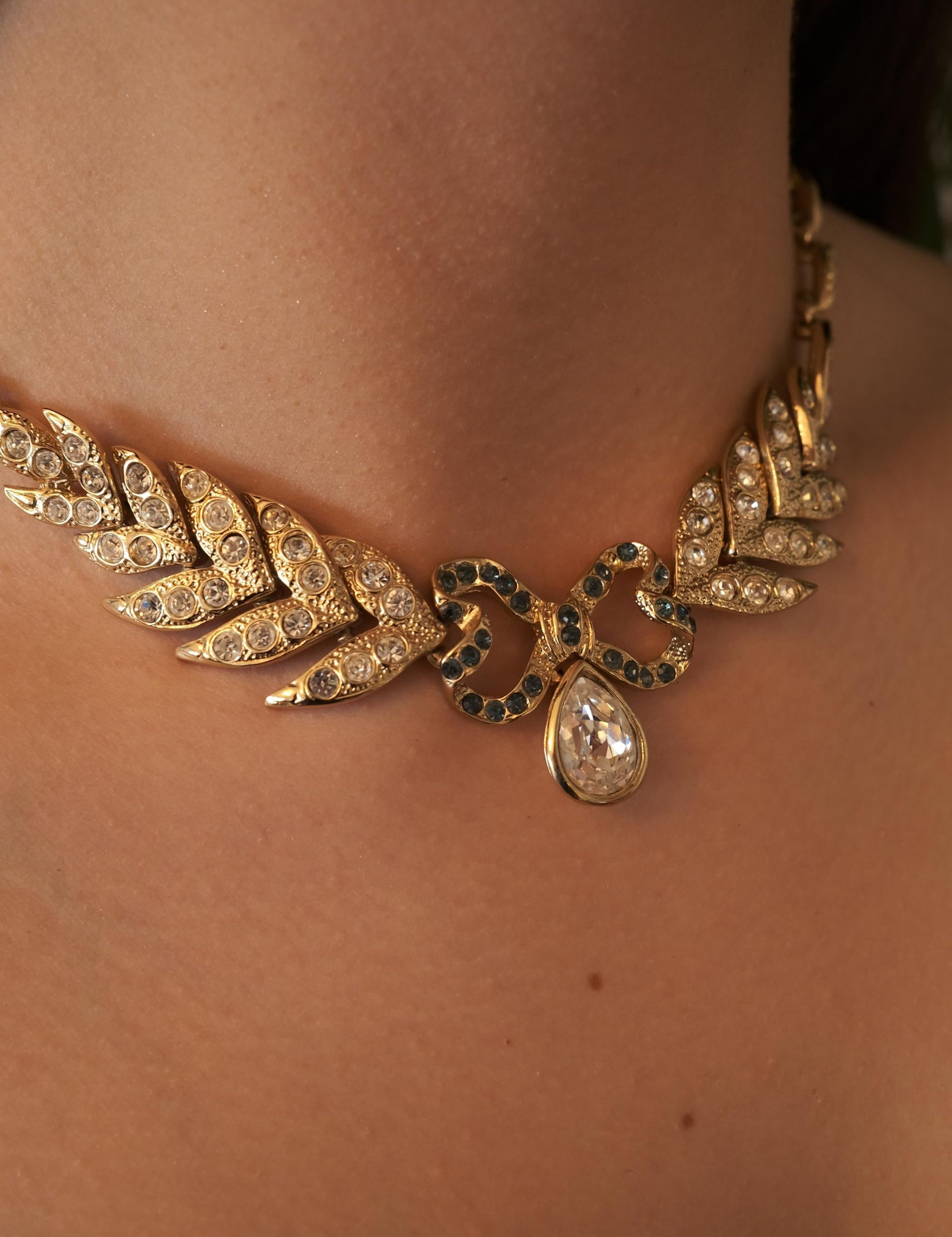 Vintage YSL Yves Saint Laurent Necklace, Bow Ribbon Leaf Charm Necklace, Vintage Rhinestone, Choker Necklace, Jewelry necklace, Gift for her