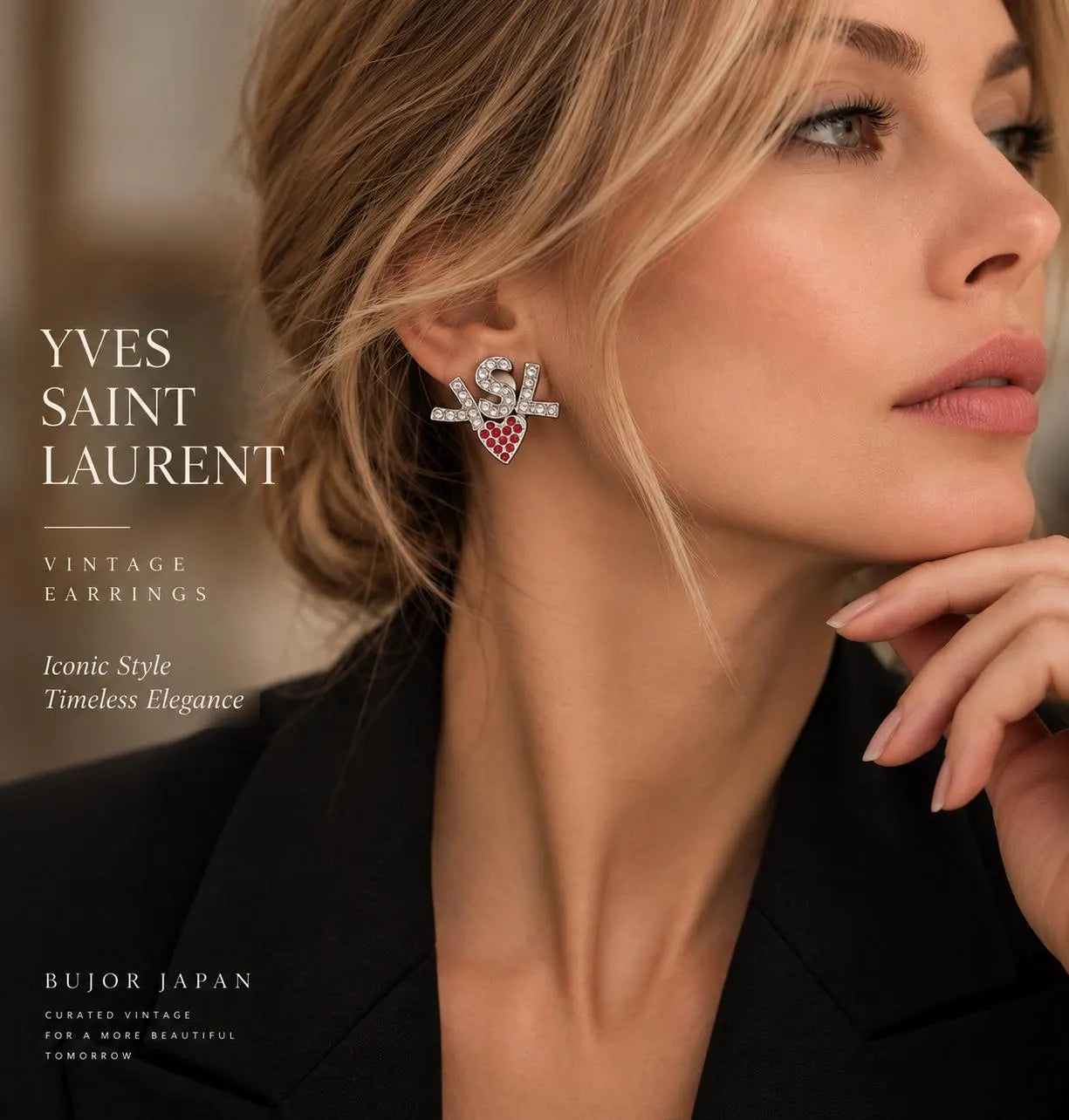 Vintage Yves Saint Laurent YSL crystal heart earrings worn on ear