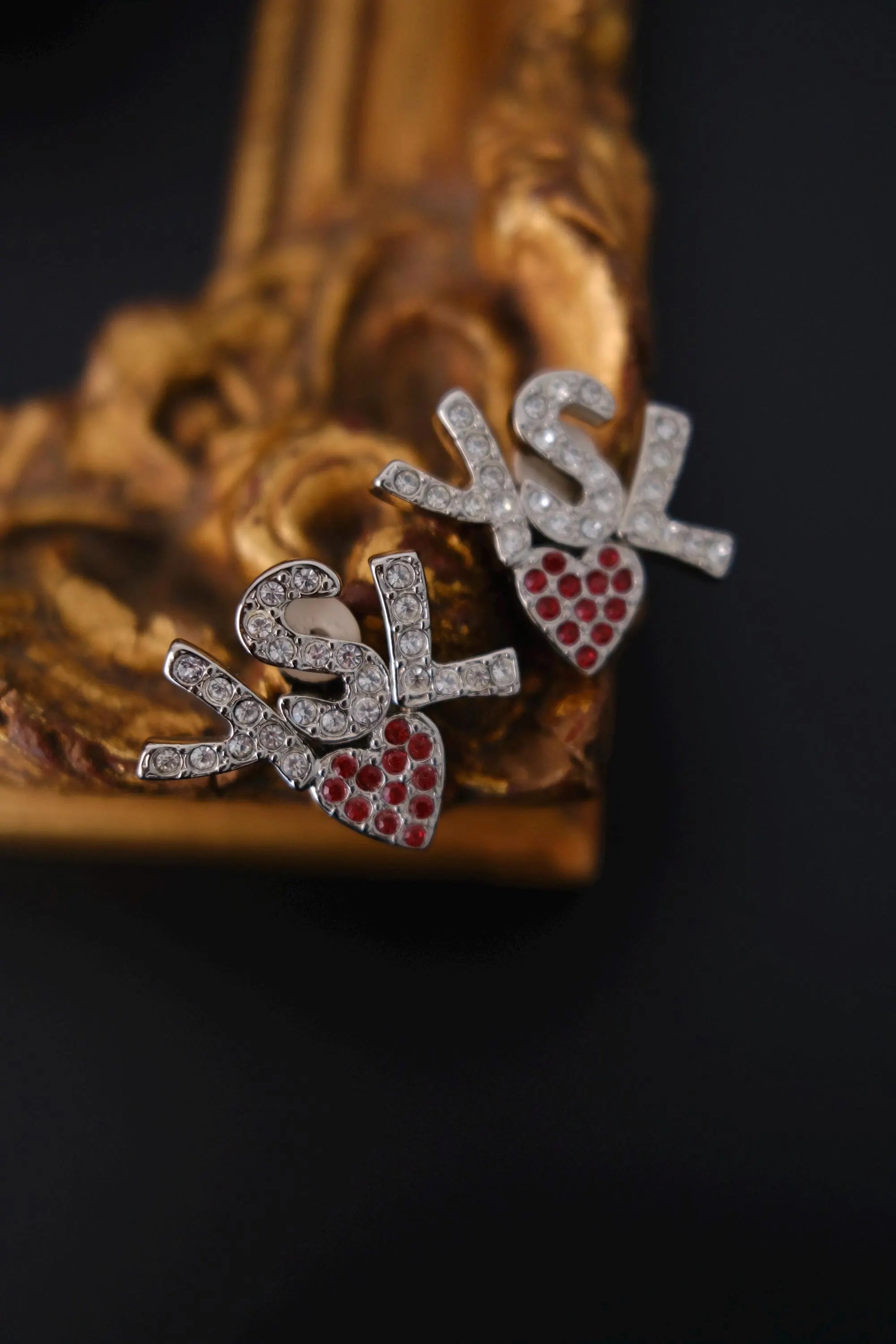 Vintage YSL crystal heart statement earrings measuring approximately 3.3 cm wide