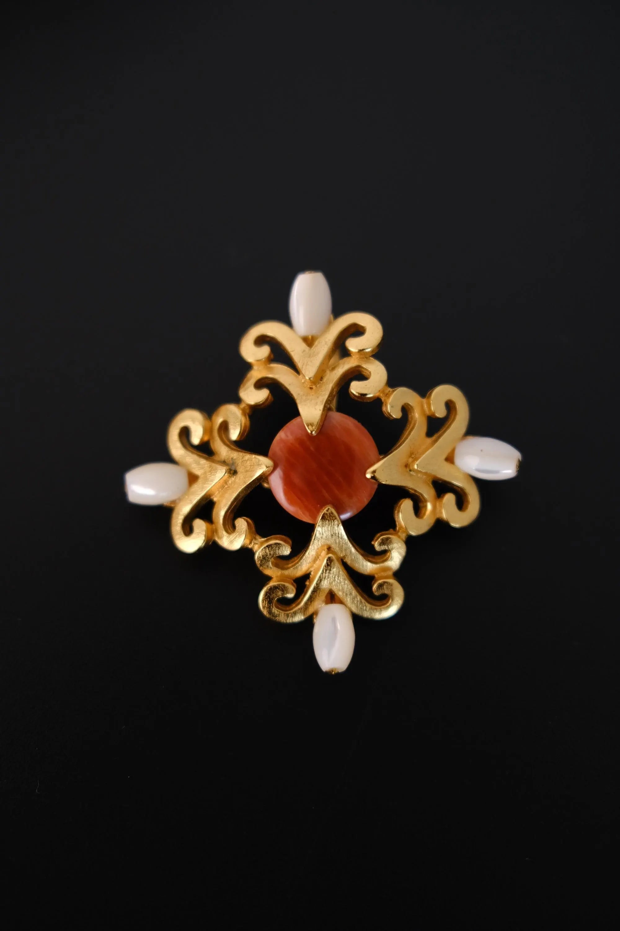 Vintage Yves Saint Laurent YSL faux pearl and reddish orange cabochon gold tone brooch