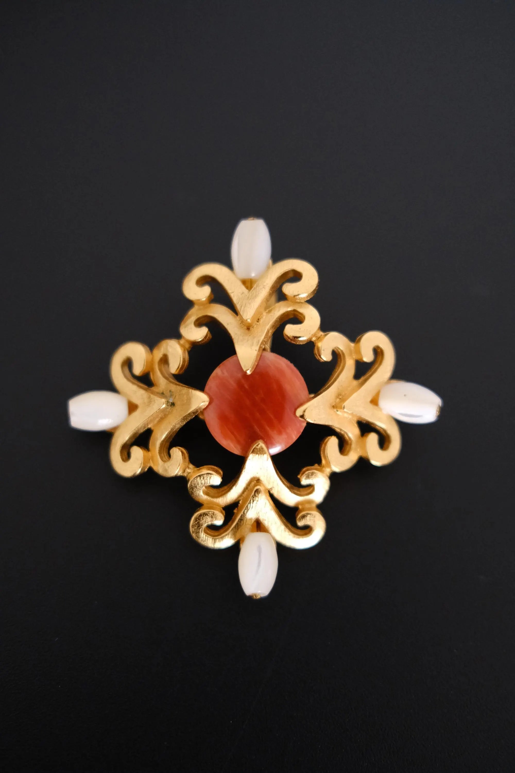 Vintage Yves Saint Laurent YSL faux pearl and reddish orange cabochon gold tone brooch
