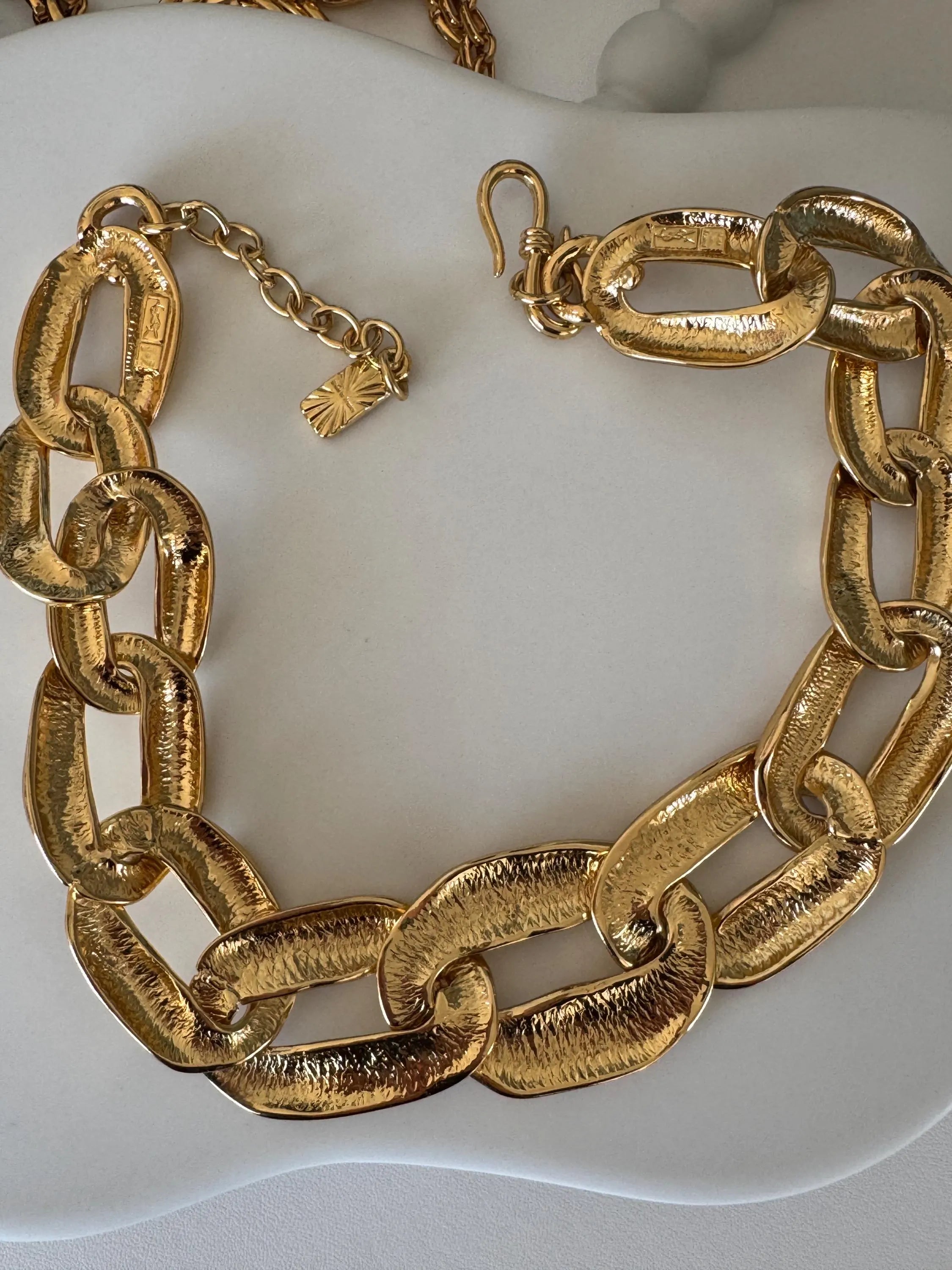 Vintage Yves Saint Laurent YSL gold tone choker necklace with charm, made in France, designer jewelry gift for her