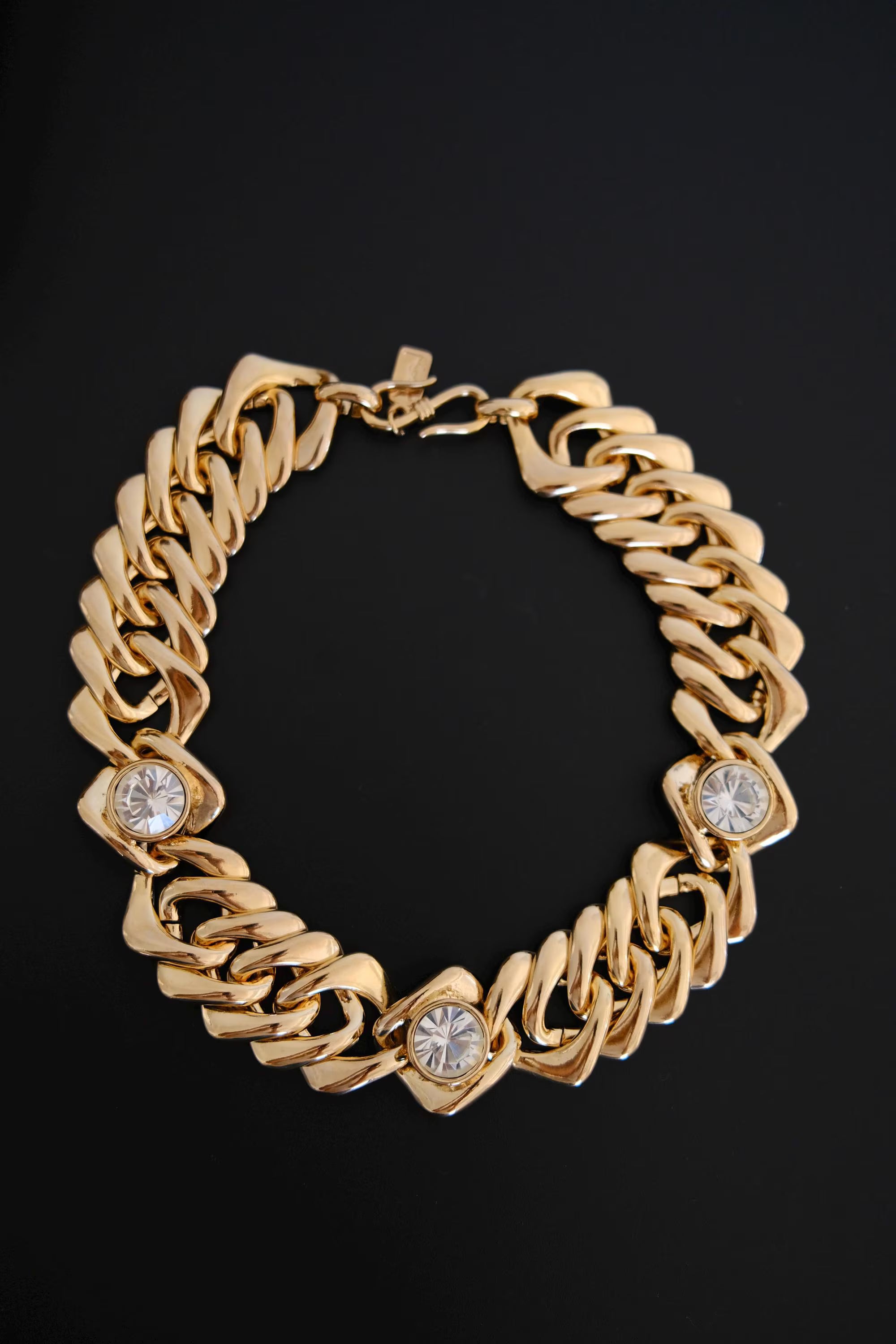 Vintage Yves Saint Laurent YSL gold-tone chunky chain choker necklace with three large clear faceted crystals