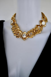 Vintage Yves Saint Laurent YSL gold-tone chunky chain choker necklace with three large clear faceted crystals