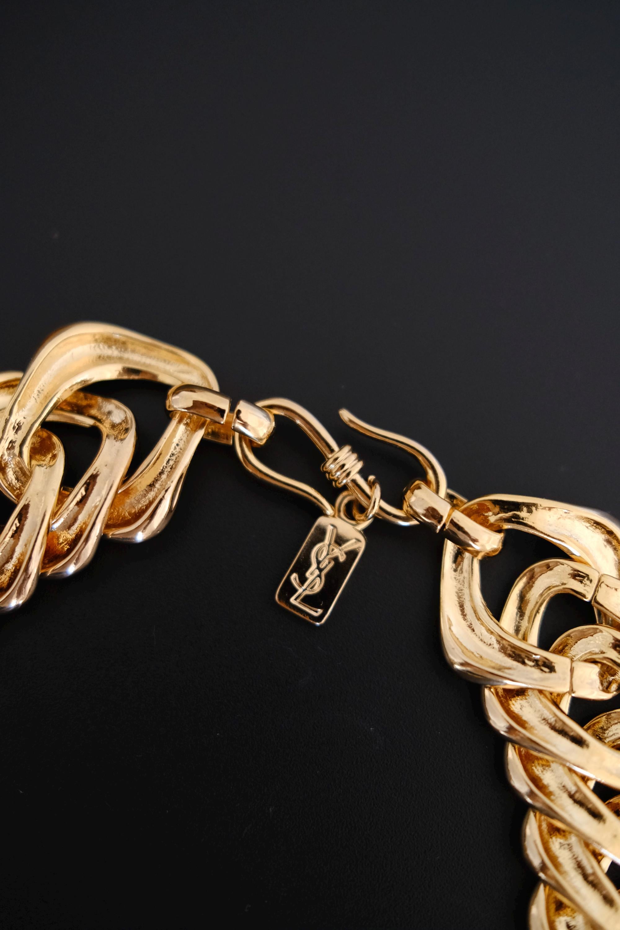 Close-up of hook closure on vintage Yves Saint Laurent chunky gold-tone chain choker