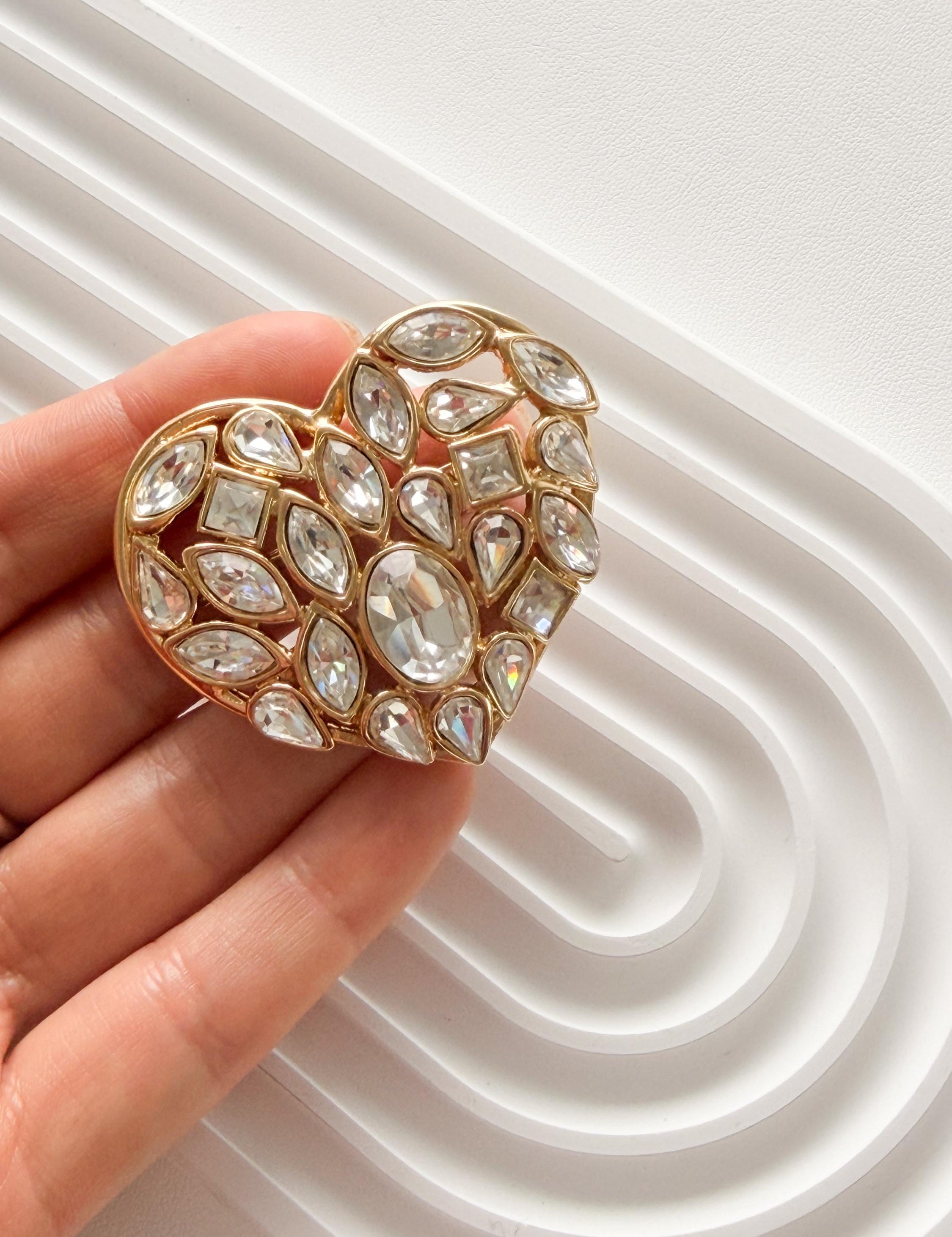 Vintage Yves Saint Laurent YSL heart brooch gold crystal elegant designer jewelry