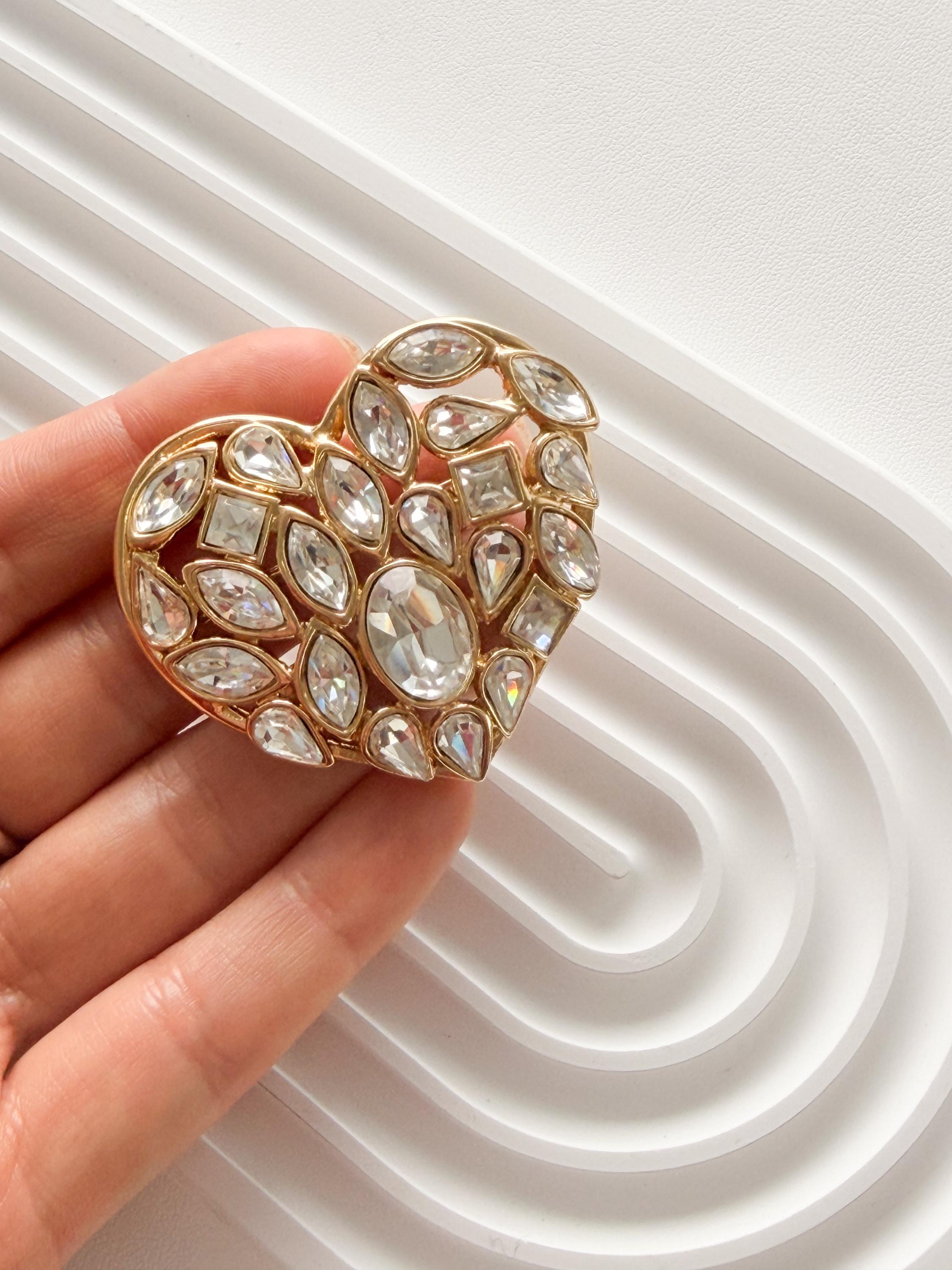 Vintage Yves Saint Laurent YSL heart brooch gold crystal elegant designer jewelry