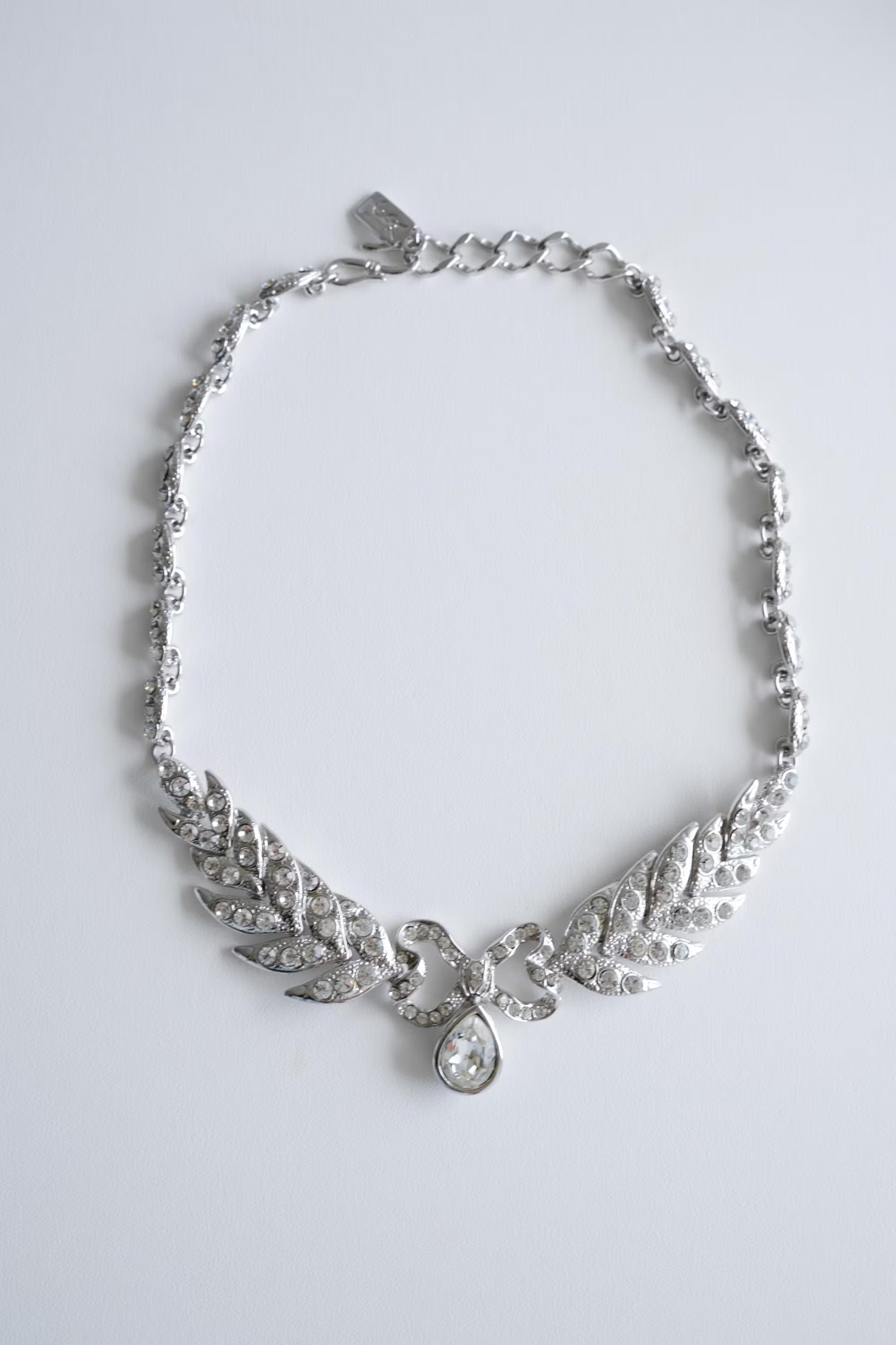 Vintage Yves Saint Laurent YSL silver bow rhinestone choker elegant feminine jewelry