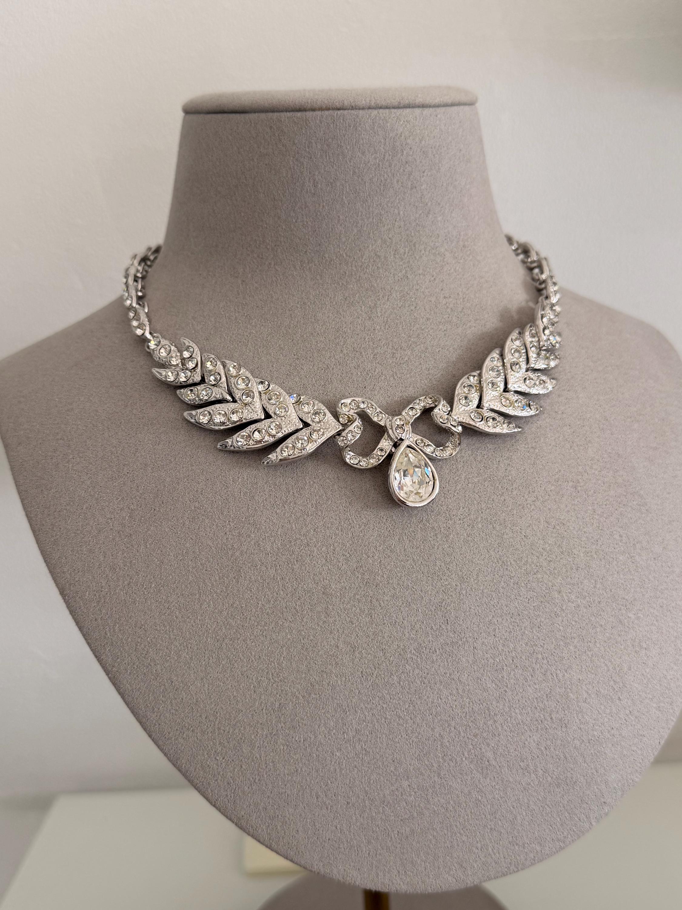 Vintage Yves Saint Laurent YSL silver bow rhinestone choker elegant feminine jewelry
