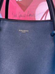 Vintage Nina Ricci Marche tote bag, medium size, dark blue leather and suede, navy, made in Italy