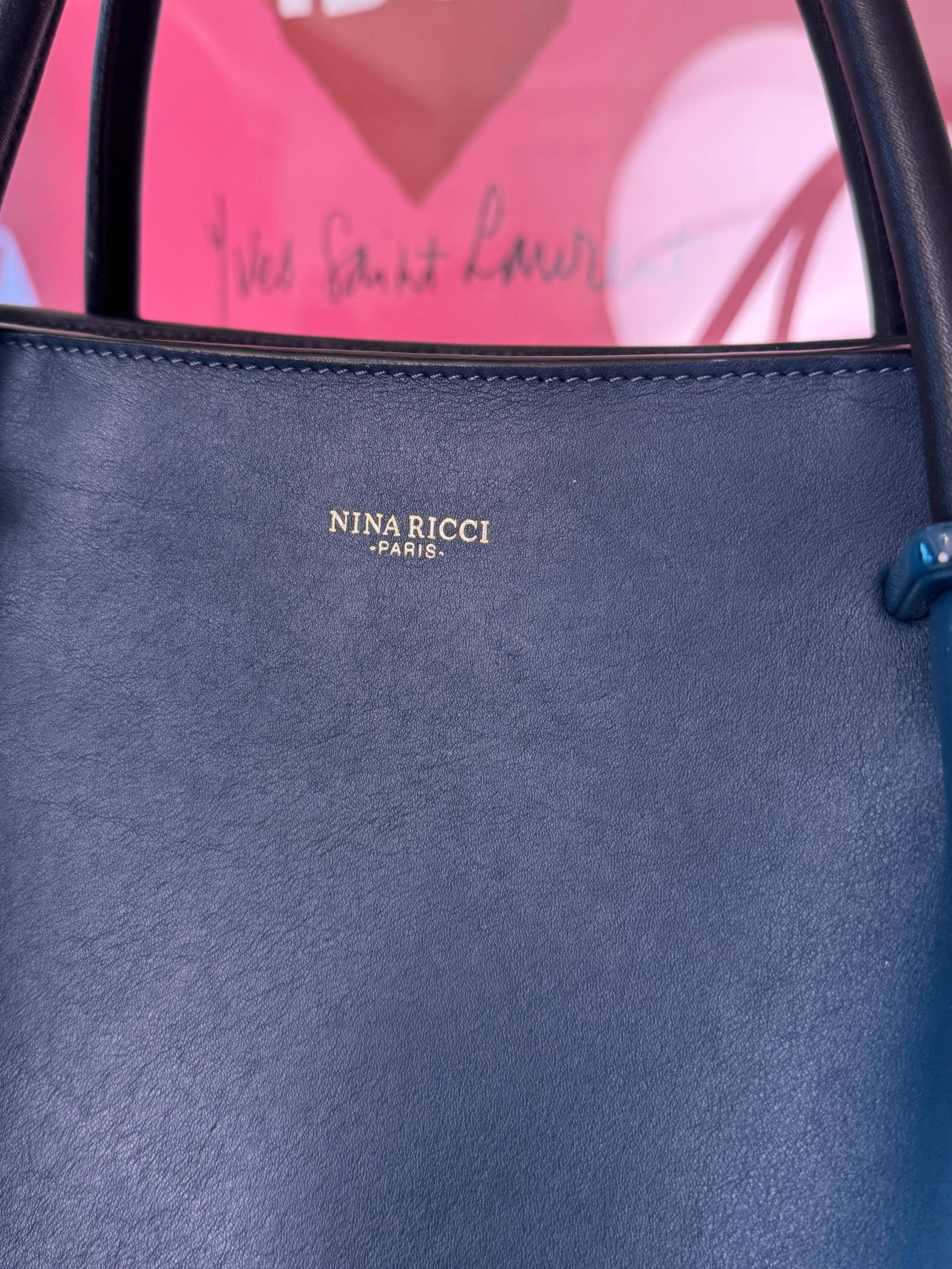 Vintage Nina Ricci Marche tote bag, medium size, dark blue leather and suede, navy, made in Italy