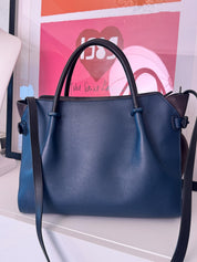 Vintage Nina Ricci Marche tote bag, medium size, dark blue leather and suede, navy, made in Italy