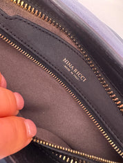 Vintage Nina Ricci Marche tote bag, medium size, dark blue leather and suede, navy, made in Italy