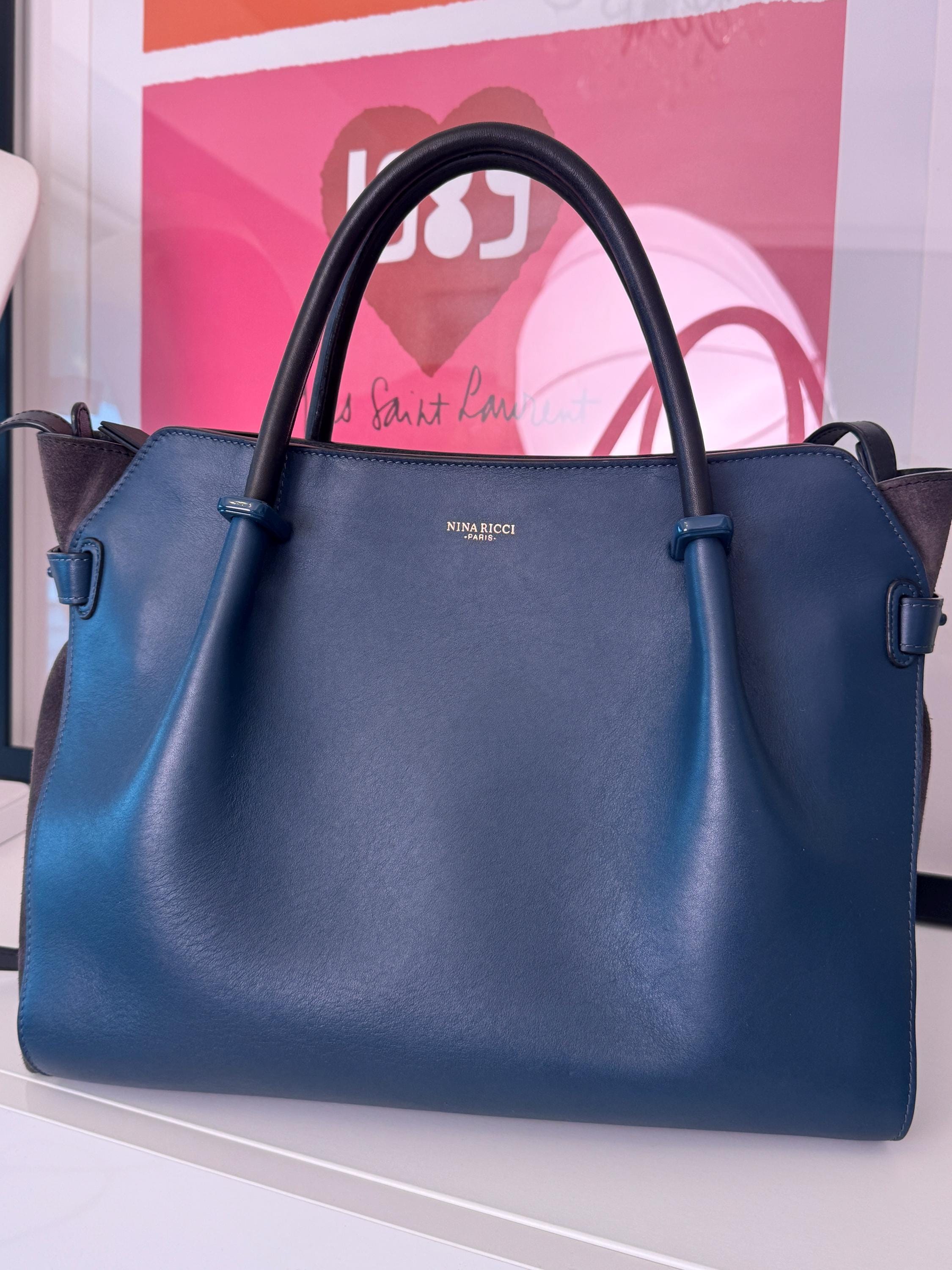 Vintage Nina Ricci Marche Tote Medium Dark Blue Leather Suede Navy Made In Italy