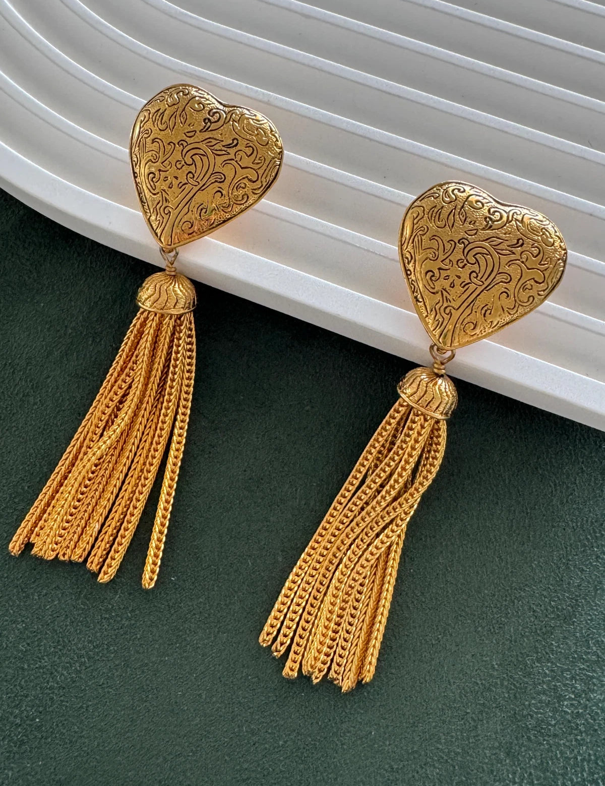 YSL Yves Saint Laurent Earrings, Gold Tone Arabesque Heart Tassel Dangling Drop Earrings Vintage, Jewelry for Women, Statement Earrings