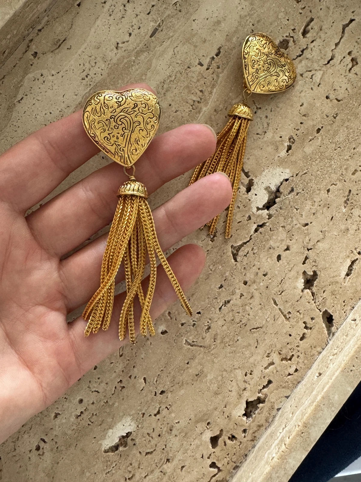 YSL Yves Saint Laurent Vintage Earrings Arabesque Heart Tassel Dangling Drop