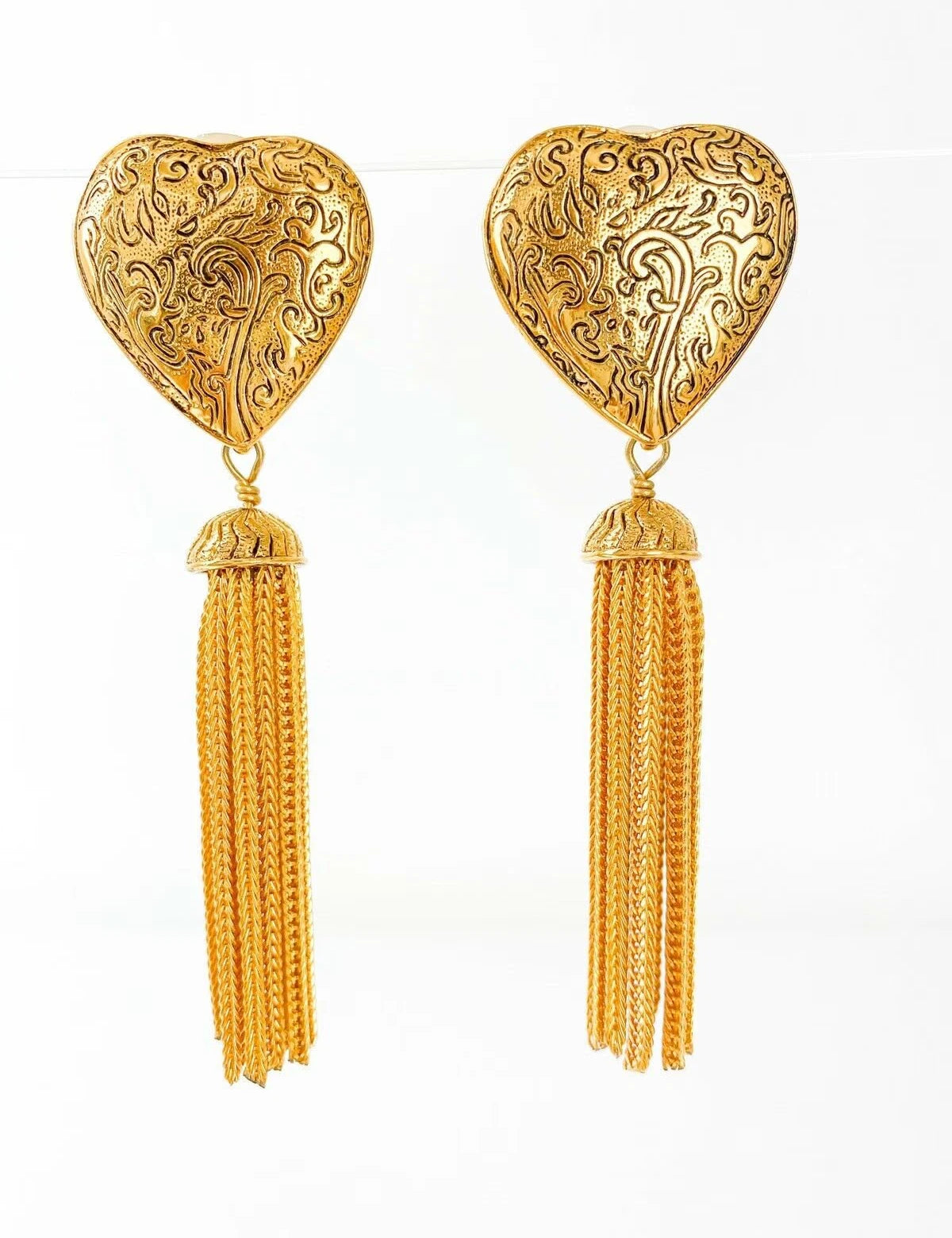YSL Yves Saint Laurent Earrings, Gold Tone Arabesque Heart Tassel Dangling Drop Earrings Vintage, Jewelry for Women, Statement Earrings