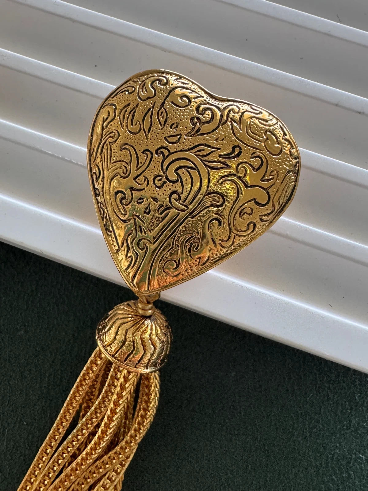 YSL Yves Saint Laurent Earrings, Gold Tone Arabesque Heart Tassel Dangling Drop Earrings Vintage, Jewelry for Women, Statement Earrings