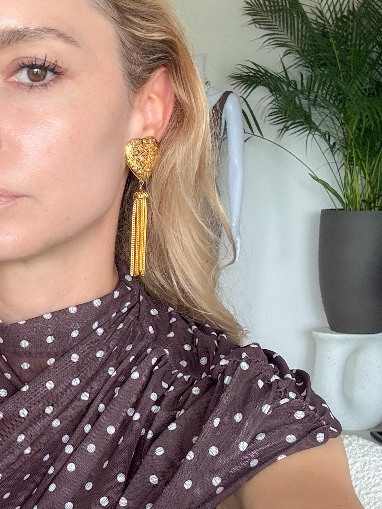 YSL Yves Saint Laurent Earrings, Gold Tone Arabesque Heart Tassel Dangling Drop Earrings Vintage, Jewelry for Women, Statement Earrings