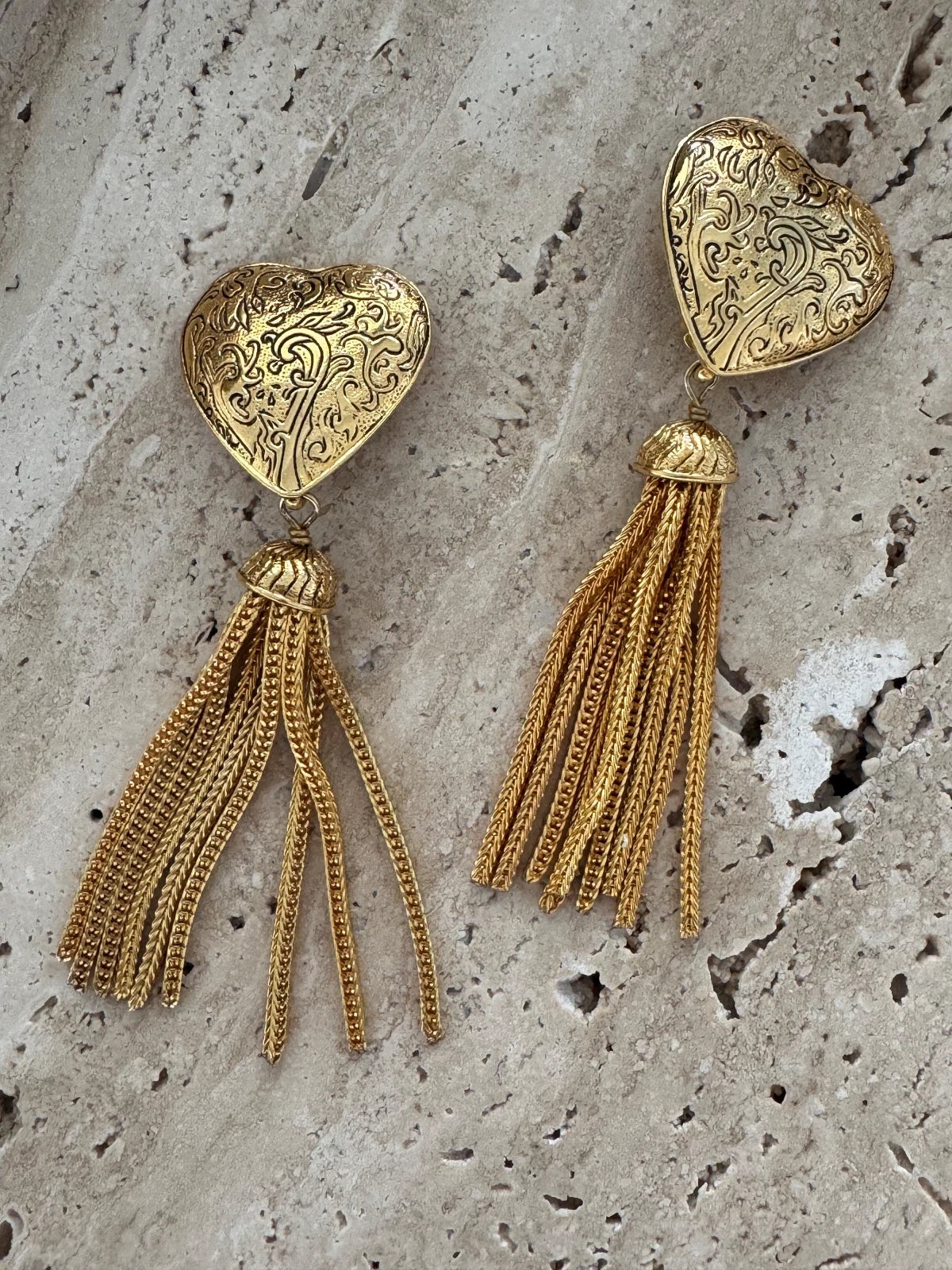 YSL Yves Saint Laurent Earrings, Gold Tone Arabesque Heart Tassel Dangling Drop Earrings Vintage, Jewelry for Women, Statement Earrings