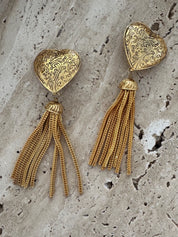 YSL Yves Saint Laurent Earrings, Gold Tone Arabesque Heart Tassel Dangling Drop Earrings Vintage, Jewelry for Women, Statement Earrings