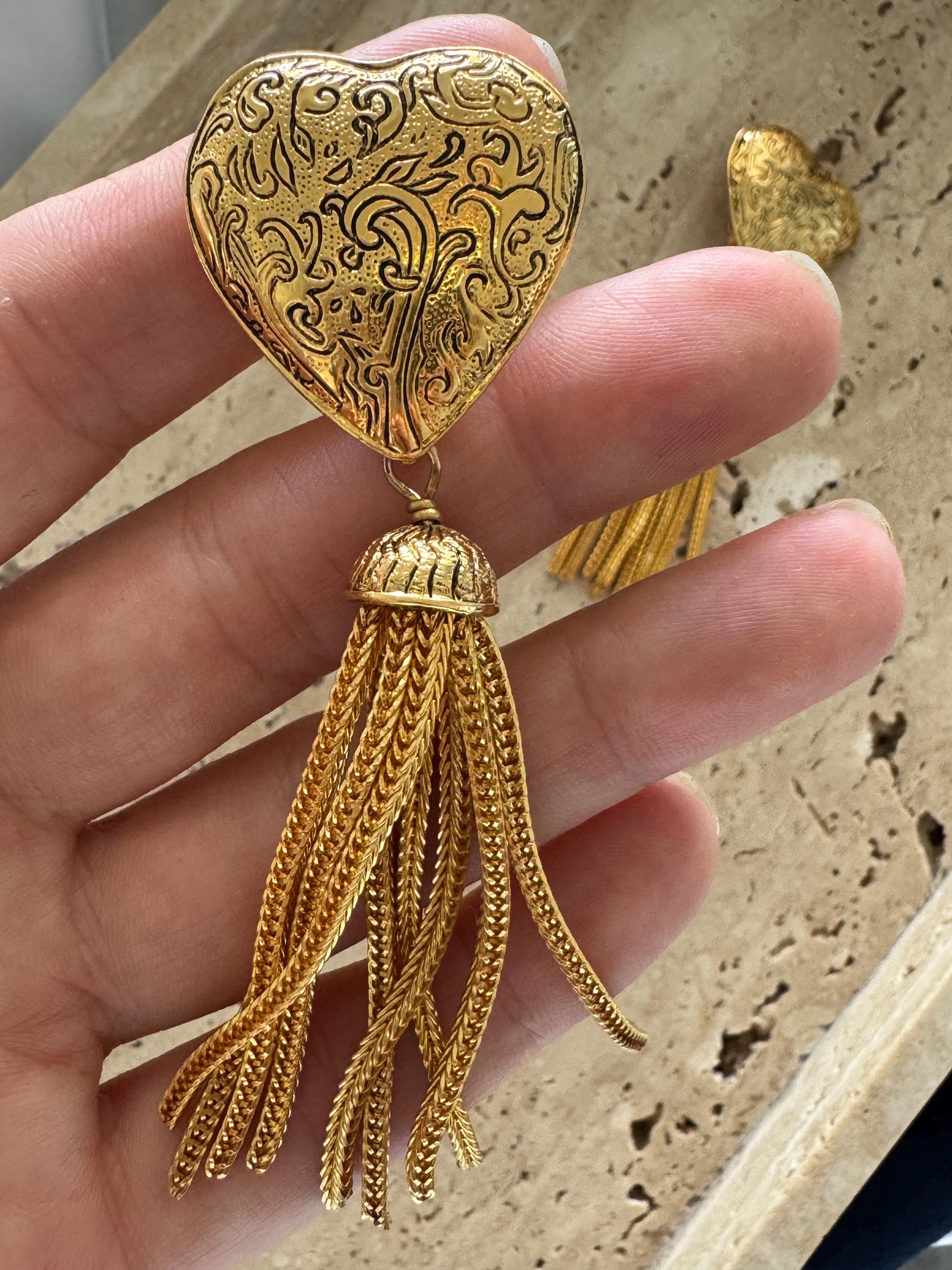 YSL Yves Saint Laurent Vintage Earrings Arabesque Heart Tassel Dangling Drop